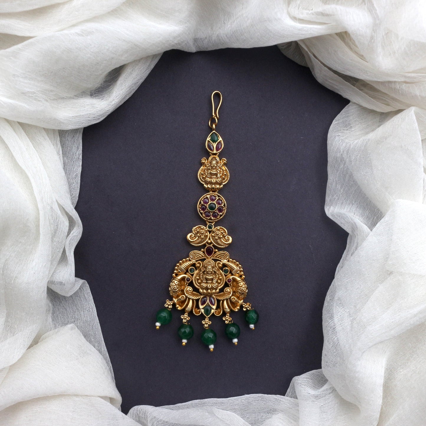 Antique Gold Real Kemp Nagas Lakshmi Bridal Maang Teeka/Nethichutti
