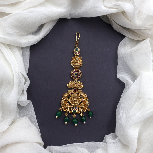 Antique Gold Real Kemp Nagas Lakshmi Bridal Maang Teeka/Nethichutti