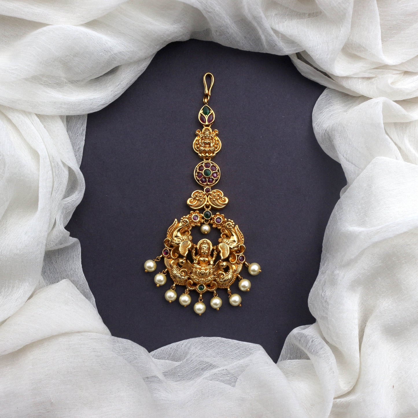 Antique Gold Nagas Lakshmi Real Kemp Bridal Maang Teeka/Nethichutti