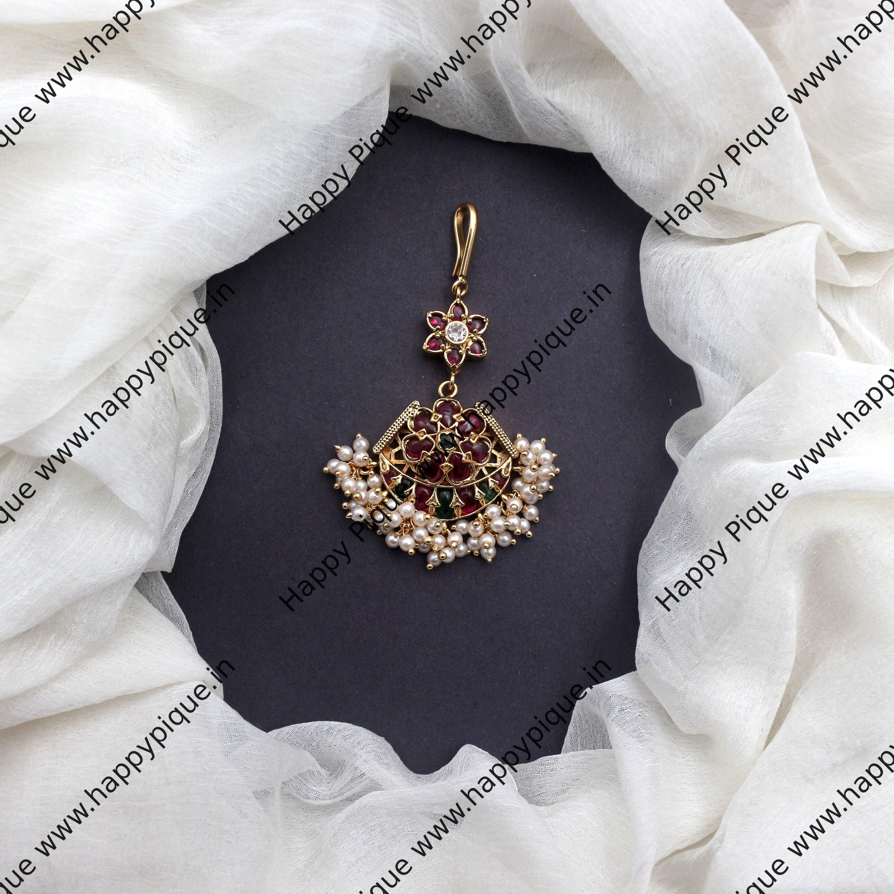 Real Kemp Kundan Premium Antique Gold Flower Bridal Maang Teeka/Nethichutti