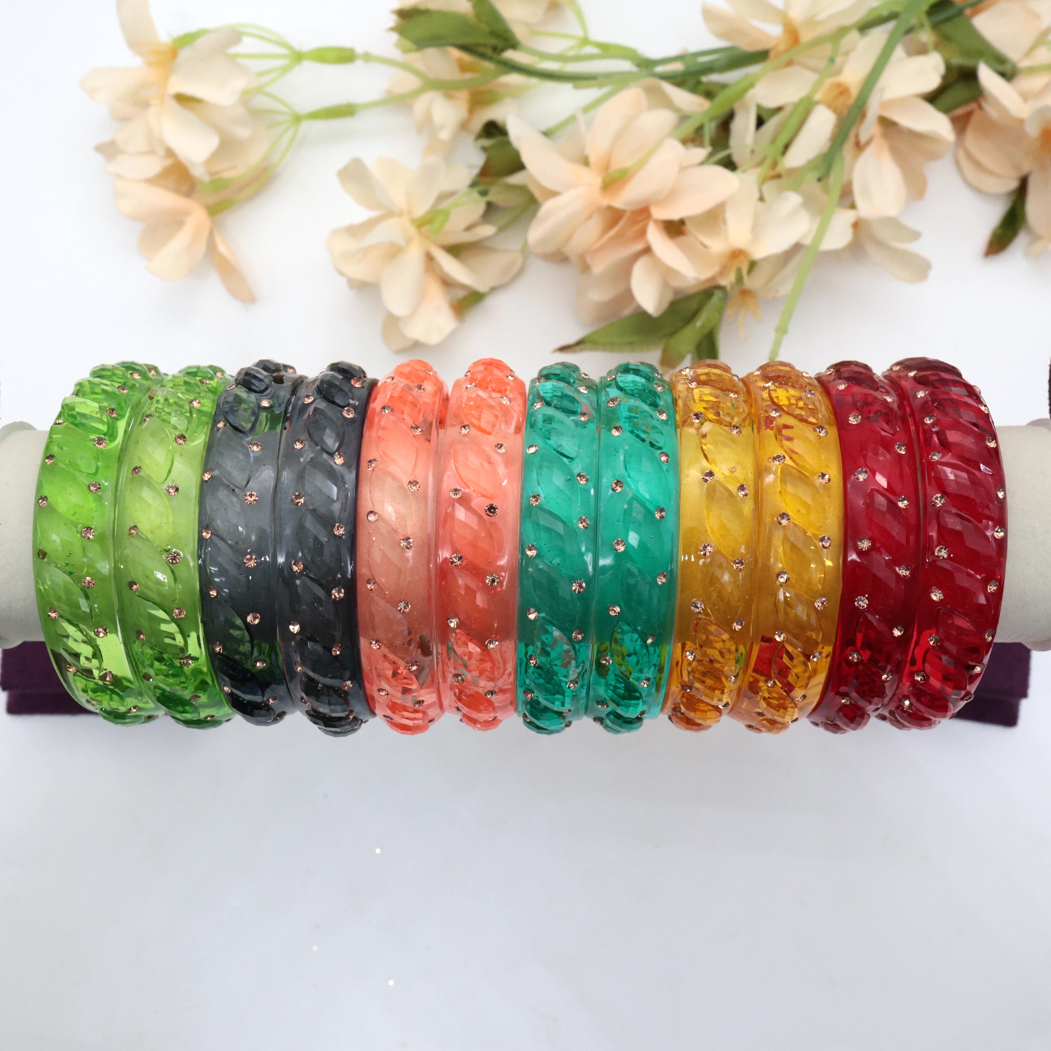 Pack of 6 Thick Heavy Glass Kada Bangles with Stonework