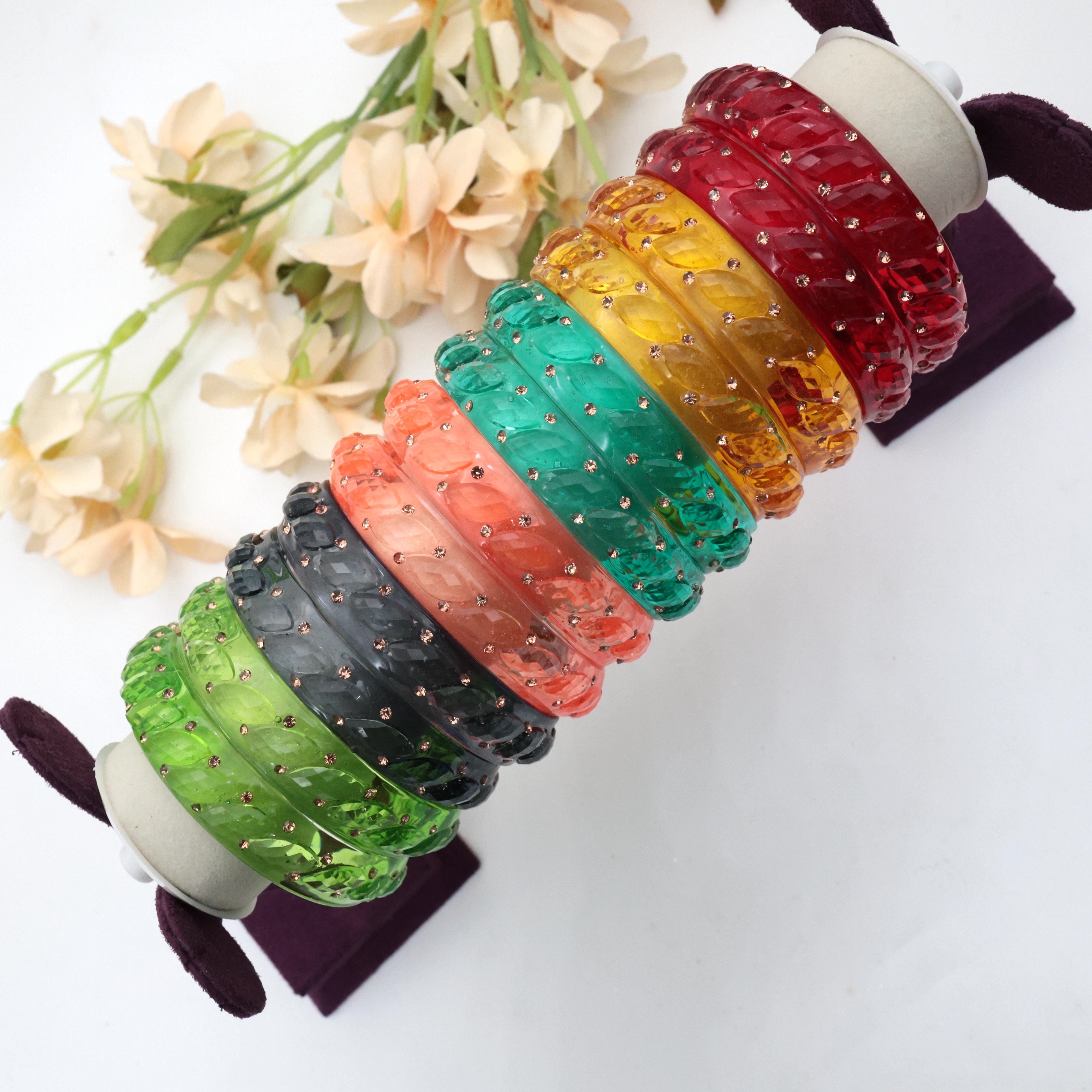 Pack of 6 Thick Heavy Glass Kada Bangles with Stonework