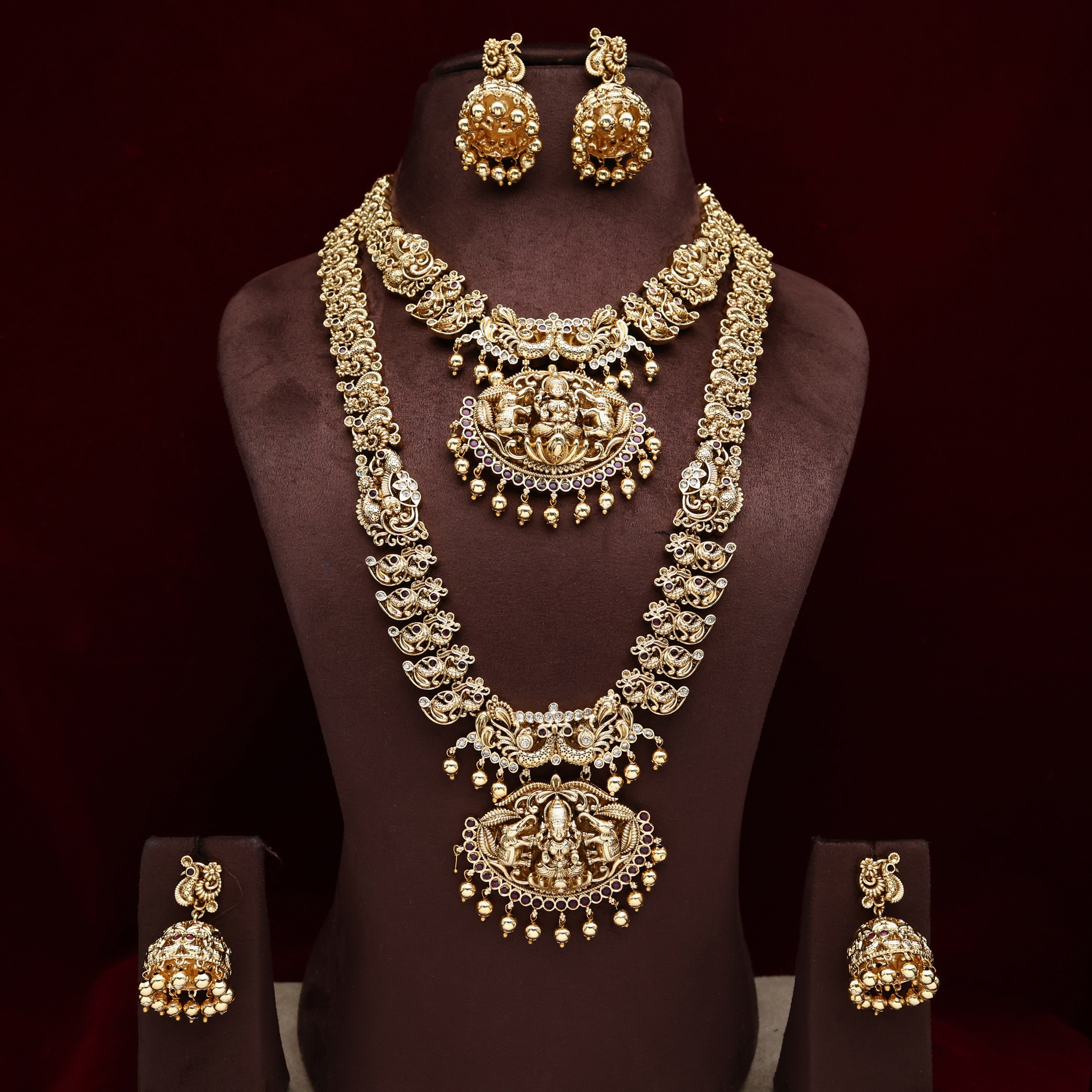 Premium Antique Nagas Gajalakshmi Devi Necklace Haaram Bridal Combo Set