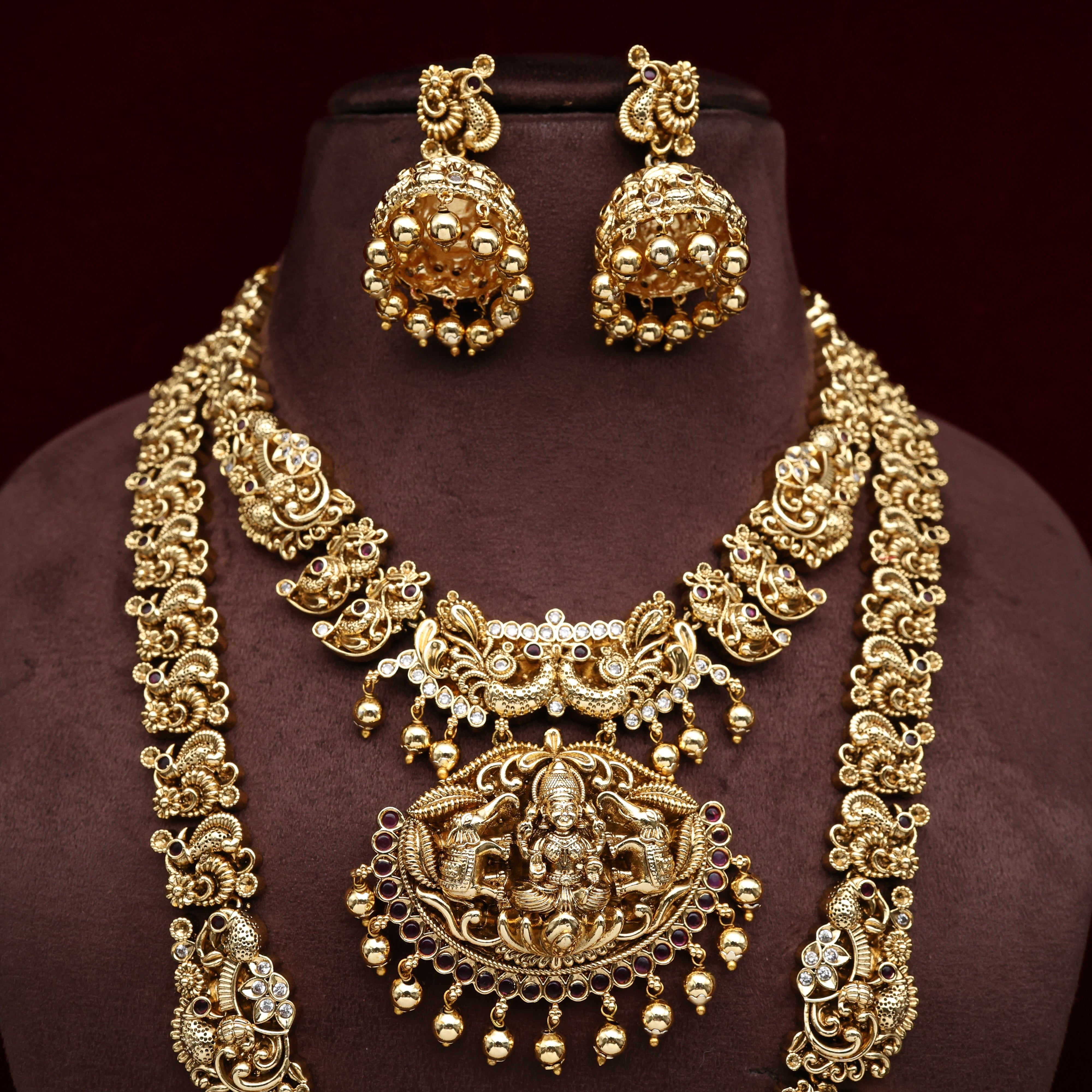 Premium Antique Nagas Gajalakshmi Devi Necklace Haaram Bridal Combo Set