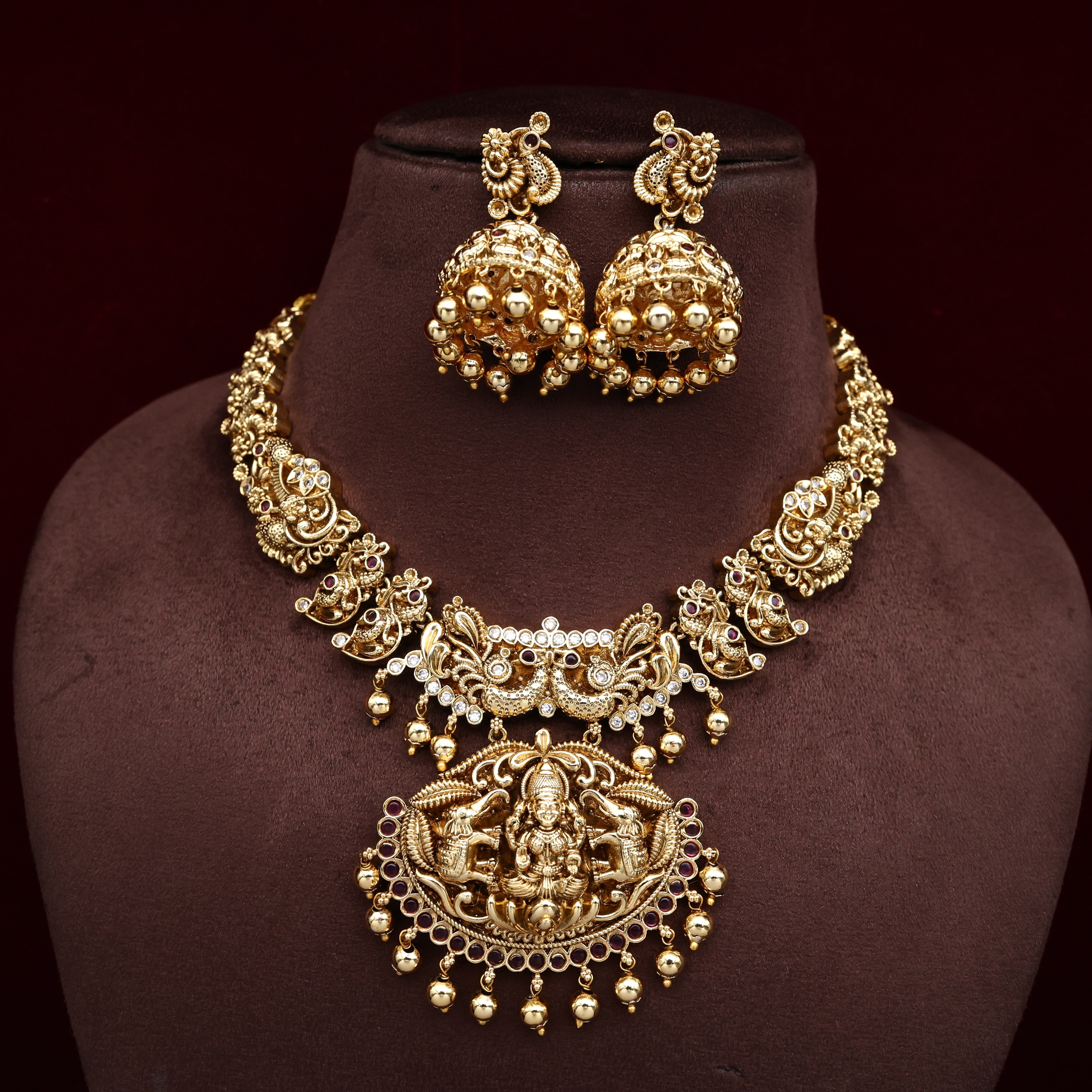 Premium Antique Nagas Gajalakshmi Devi Necklace Haaram Bridal Combo Set