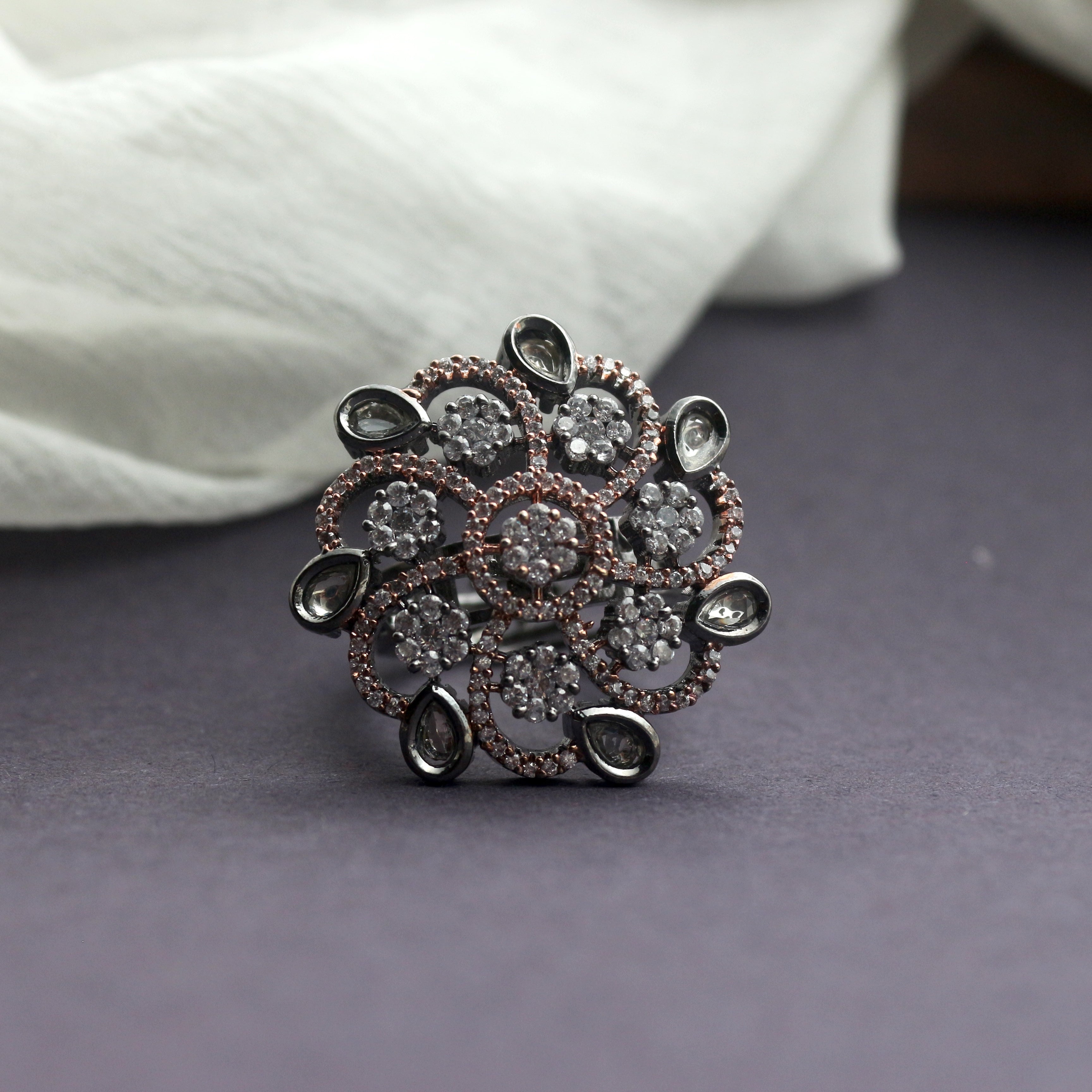 Adjustable Premium AD Black Rose Bridal Finger Ring