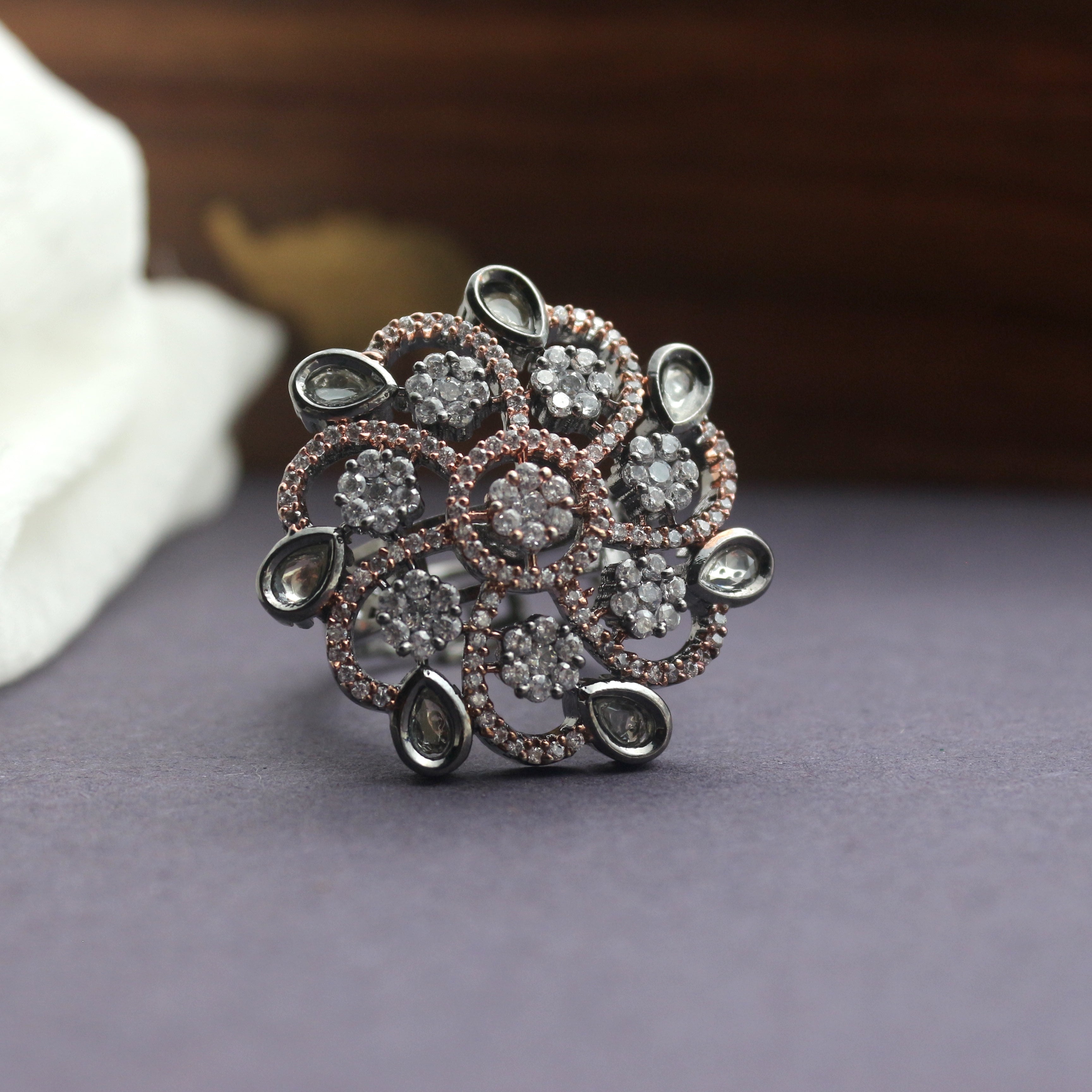 Adjustable Premium AD Black Rose Bridal Finger Ring