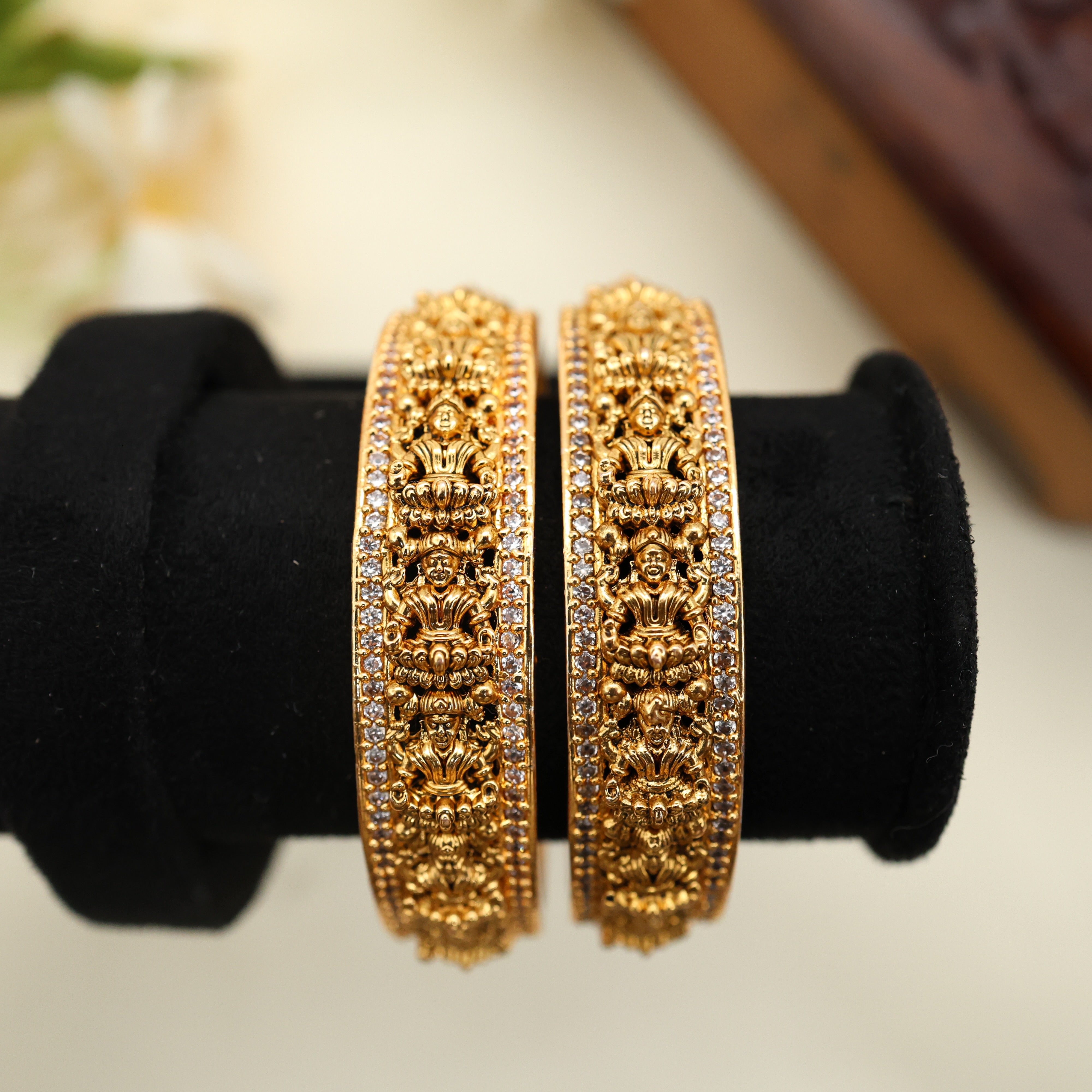 Real Gold Look Intricate Lakshmi Carvings Thick Bridal Bangles