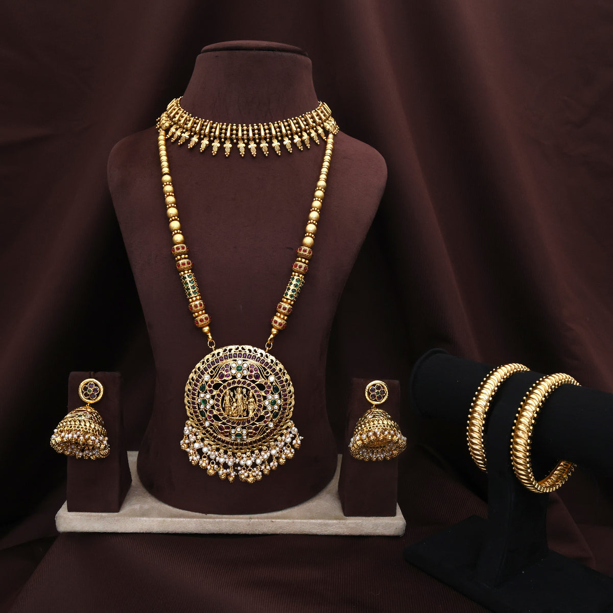 Premium Antique Gold Look Kemp Kundan Ram Parivar Mulla Necklace Bangle Combo Set