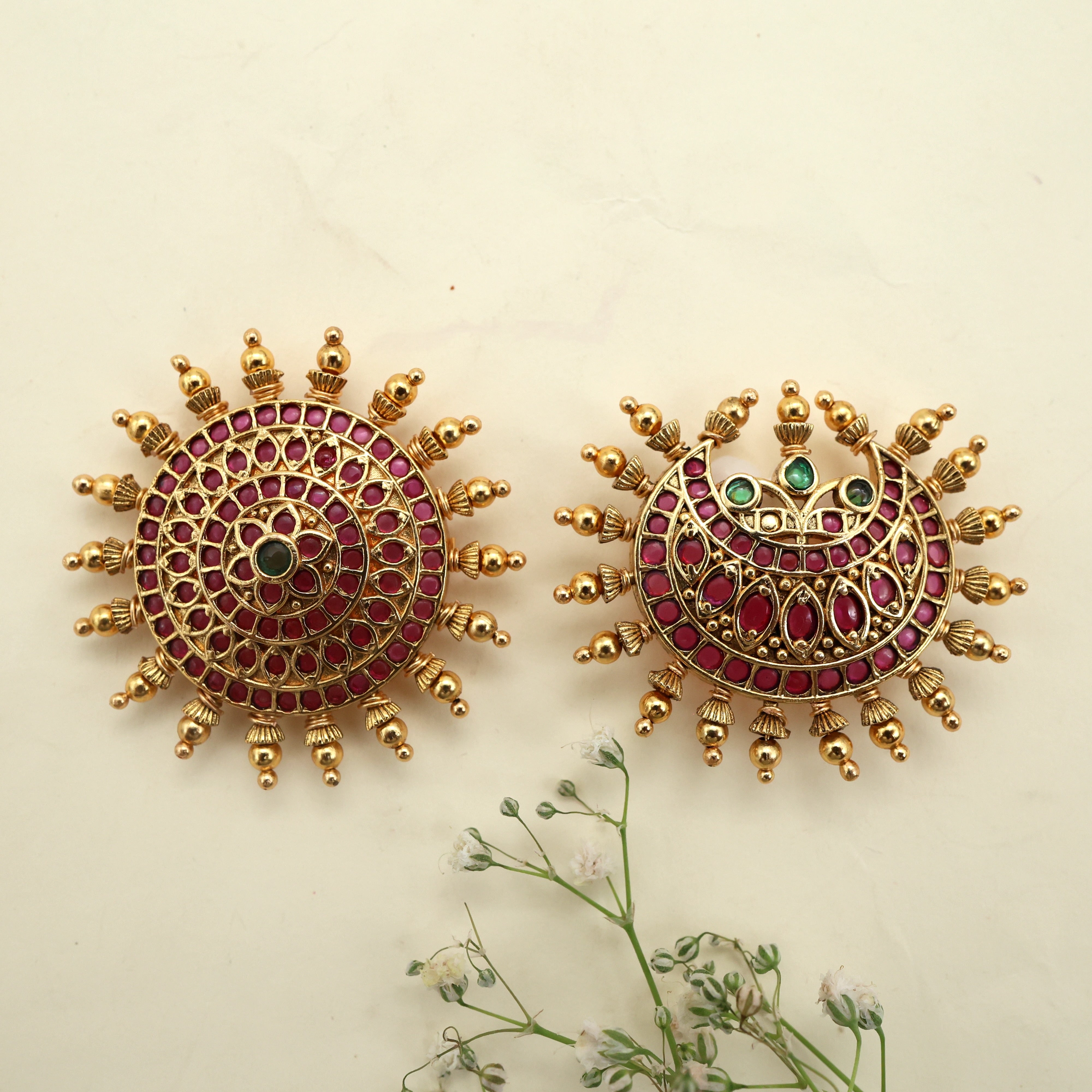 Antique Gold Royal Gold Balls Traditional Sun Moon Suryan Chandran Bridal Hair Accessories