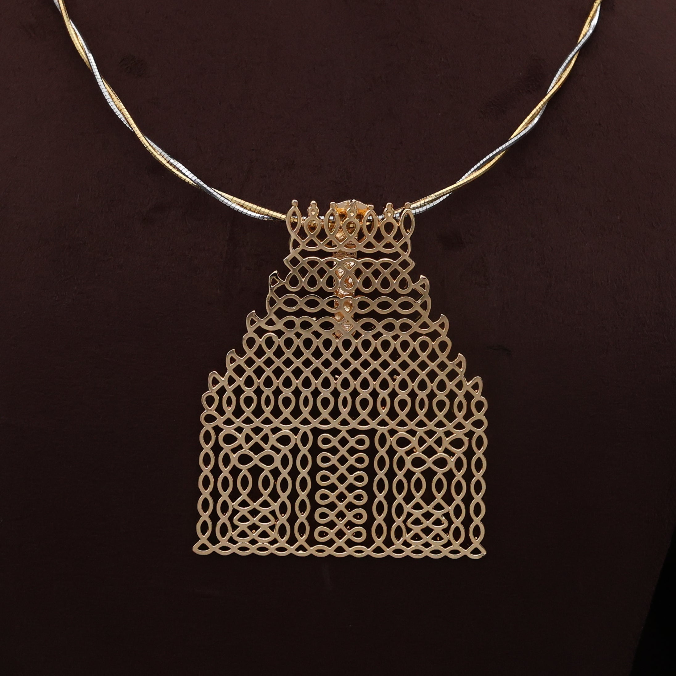 Antique Gold Temple Gopuram Muggulu/Kolam Pendant Two Tone Twisted Hasli Necklace Set