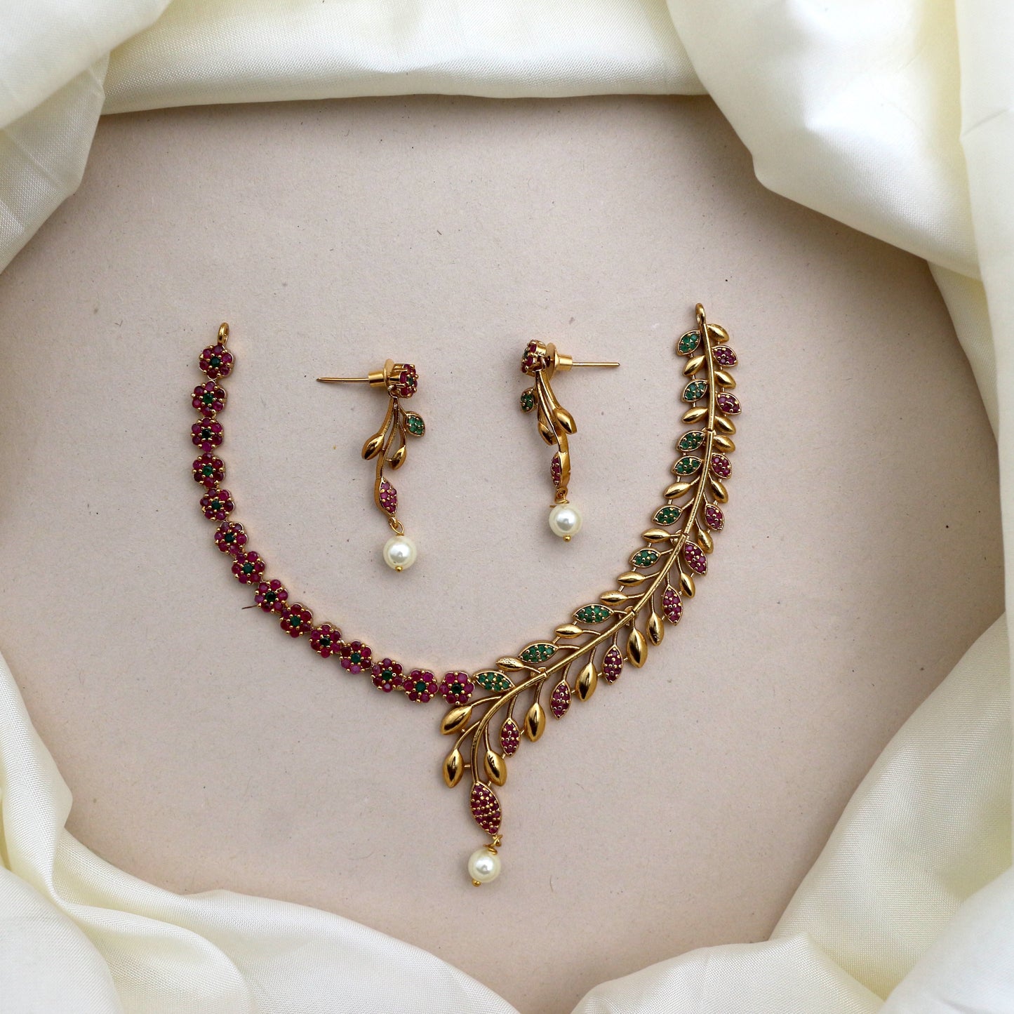 Antique Gold Matte Flower Leaf Vine AD Necklace Set - Ruby & Green
