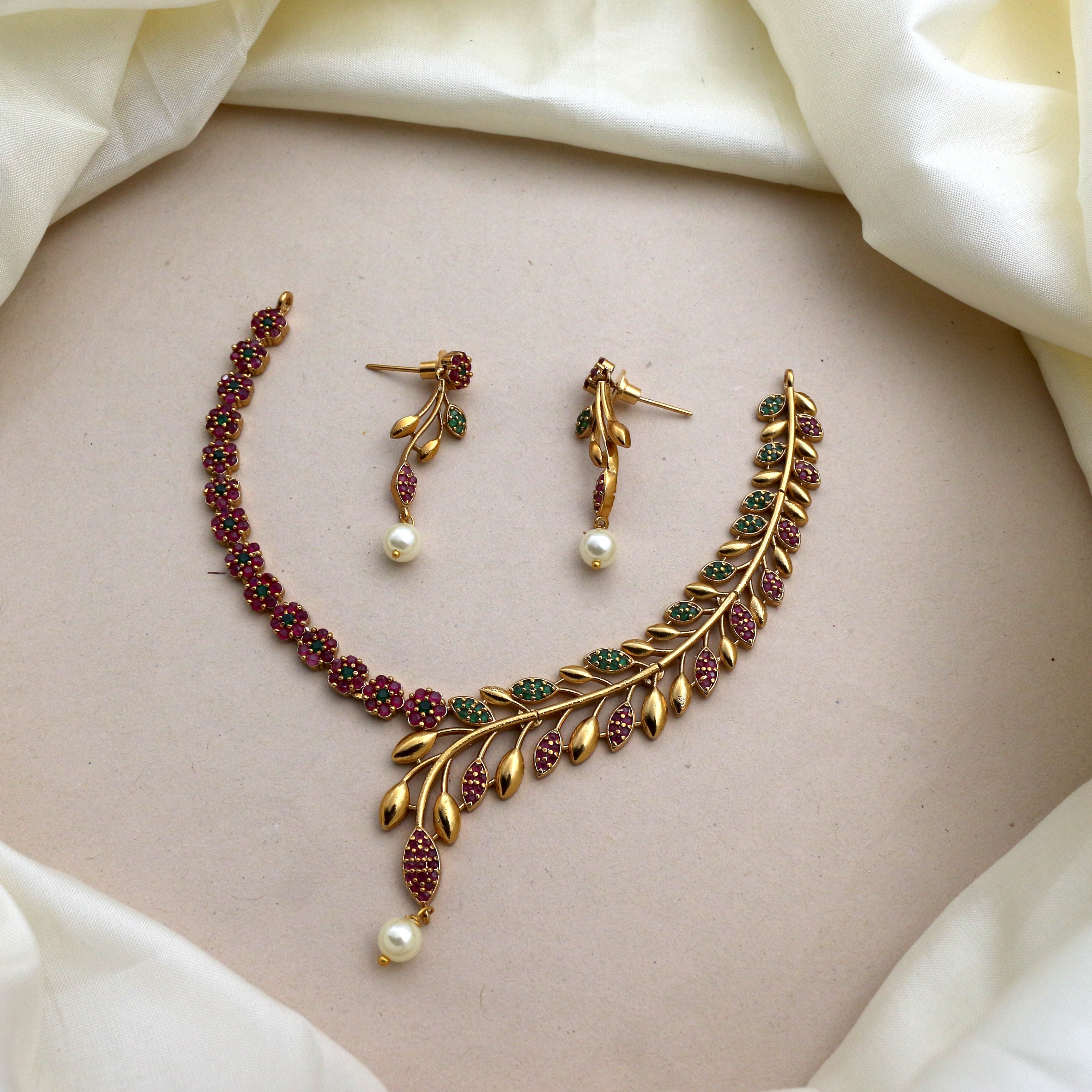 Antique Gold Matte Flower Leaf Vine AD Necklace Set - Ruby & Green