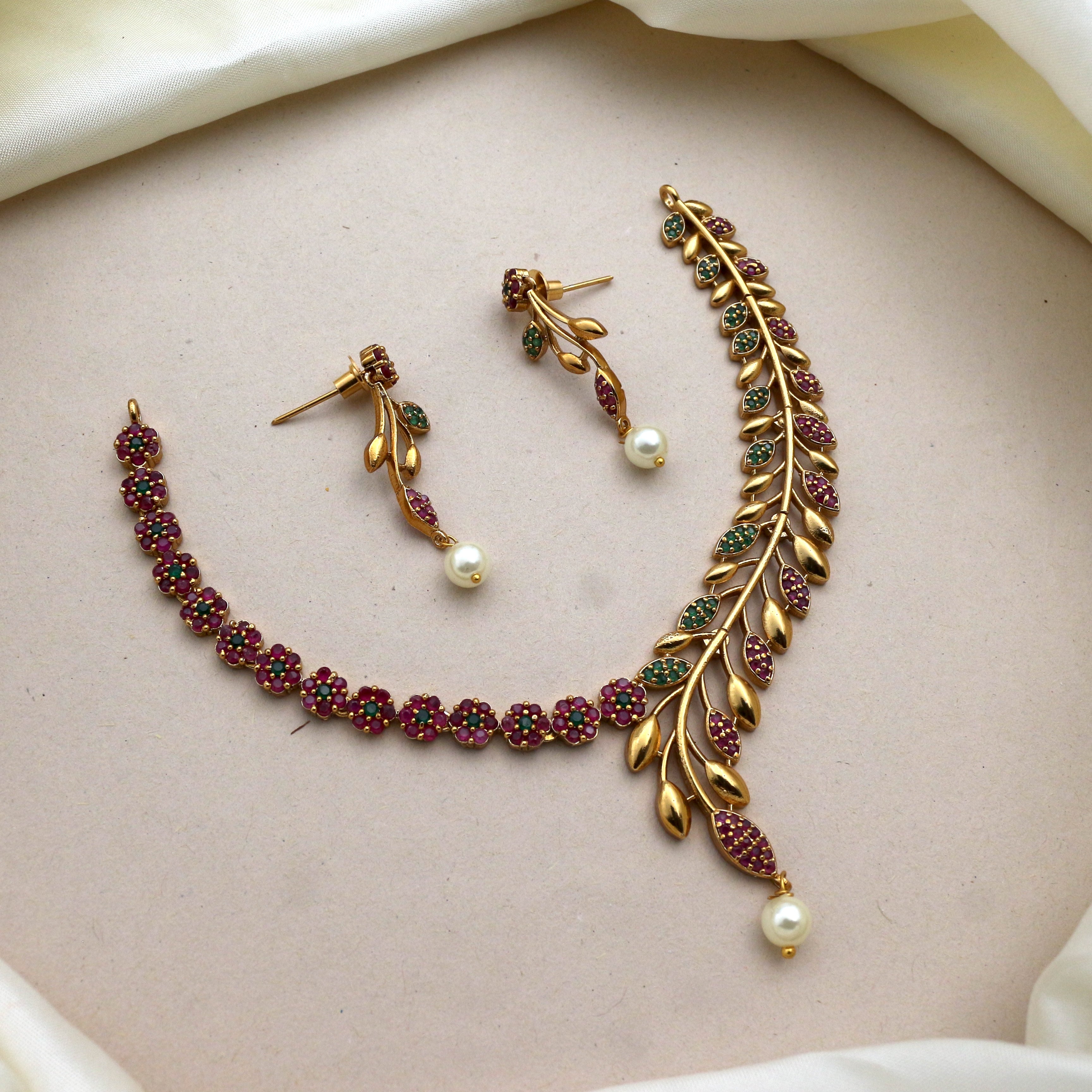 Antique Gold Matte Flower Leaf Vine AD Necklace Set - Ruby & Green