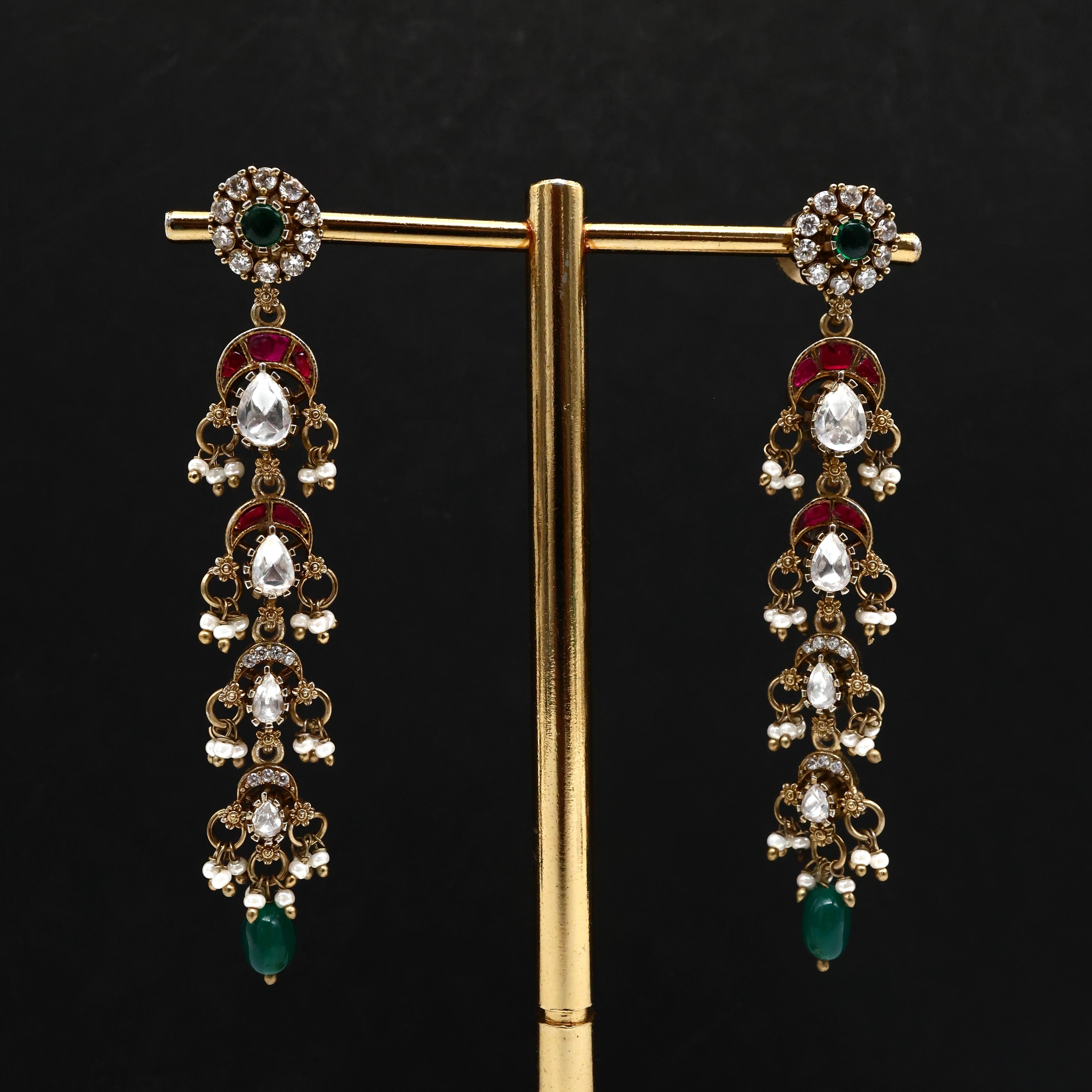 Antique Jadau Kundan MOISSANITE 4 Layer Hangings Earrings