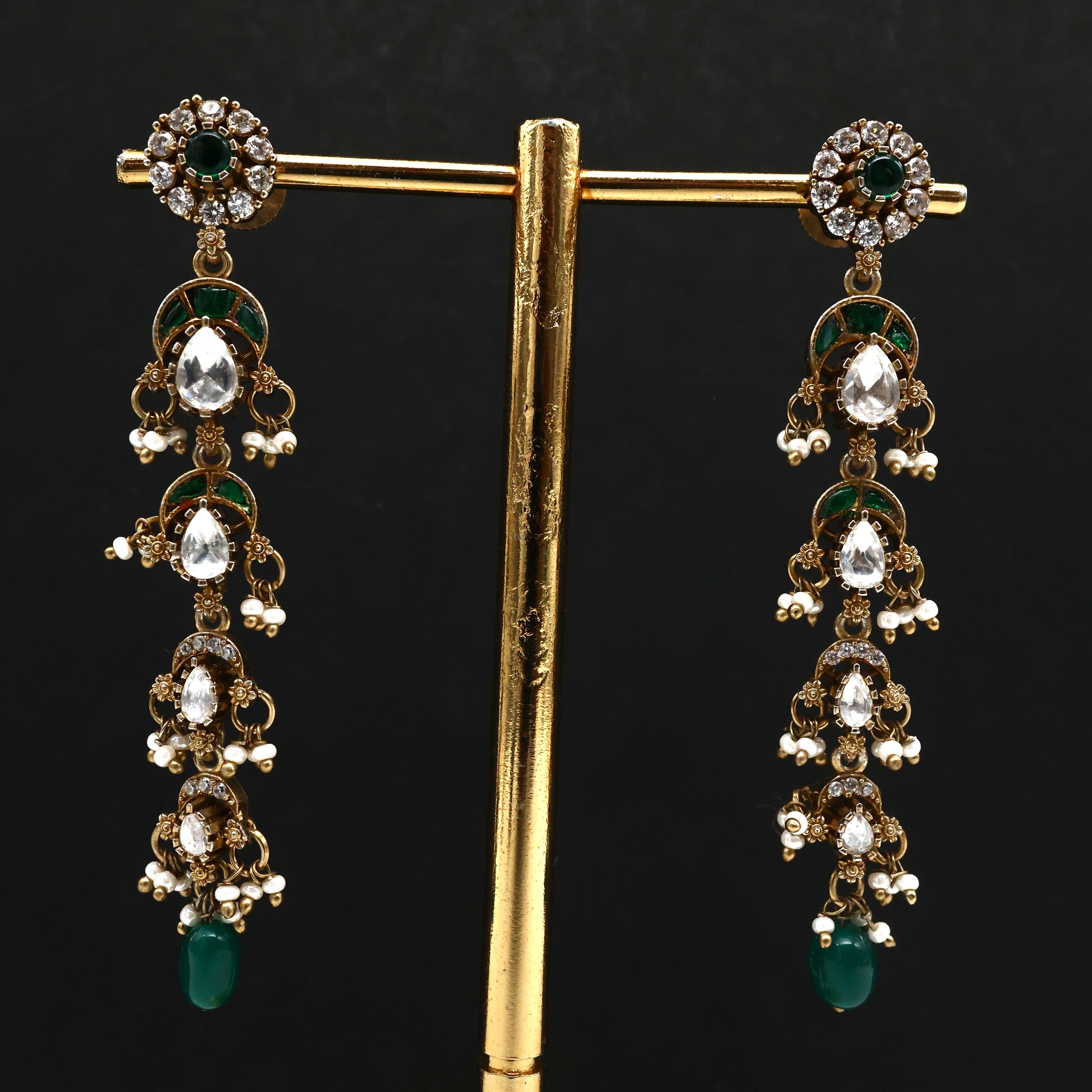 Antique Jadau Kundan MOISSANITE 4 Layer Hangings Earrings