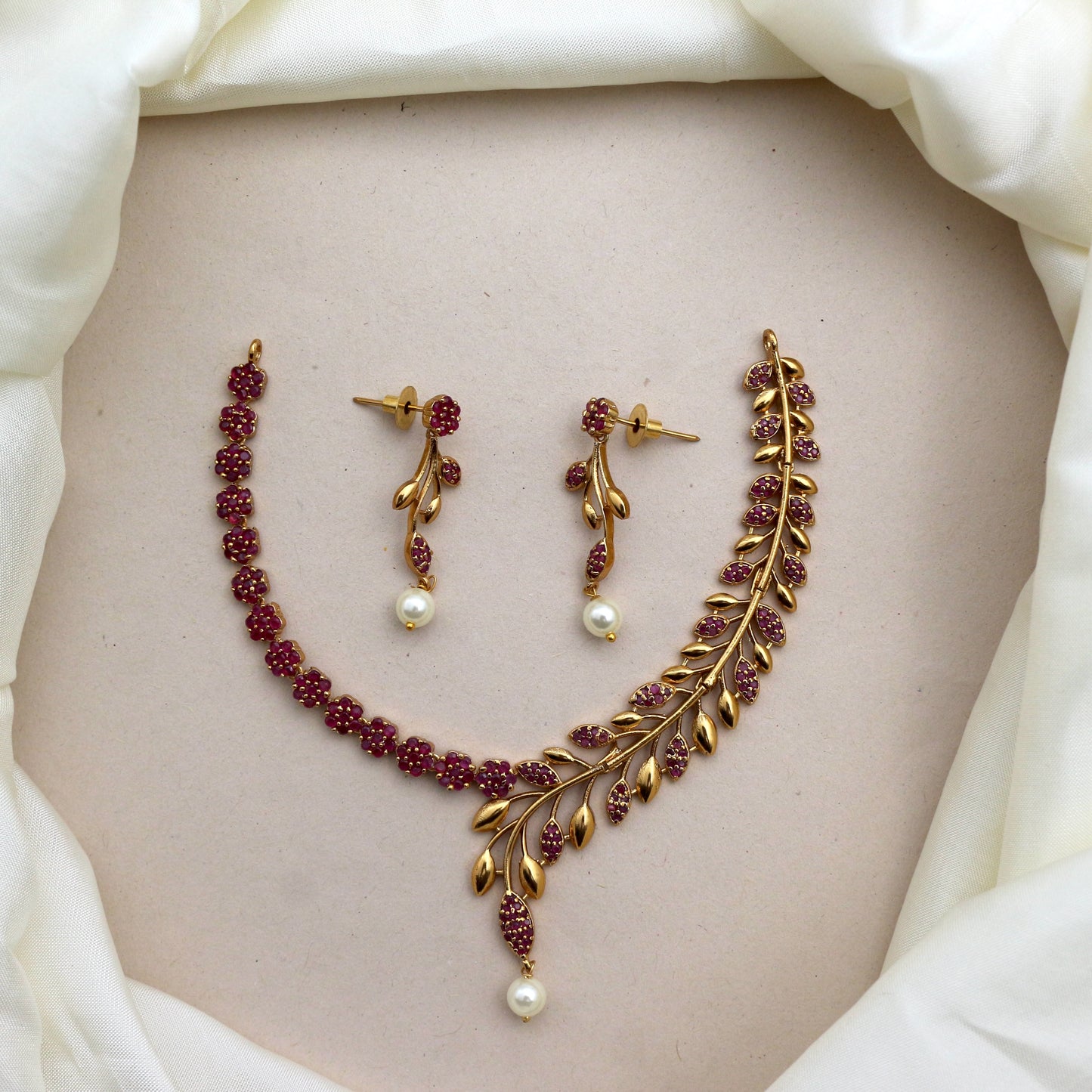 Antique Gold Matte Flower Leaf Vine AD Necklace Set - Ruby