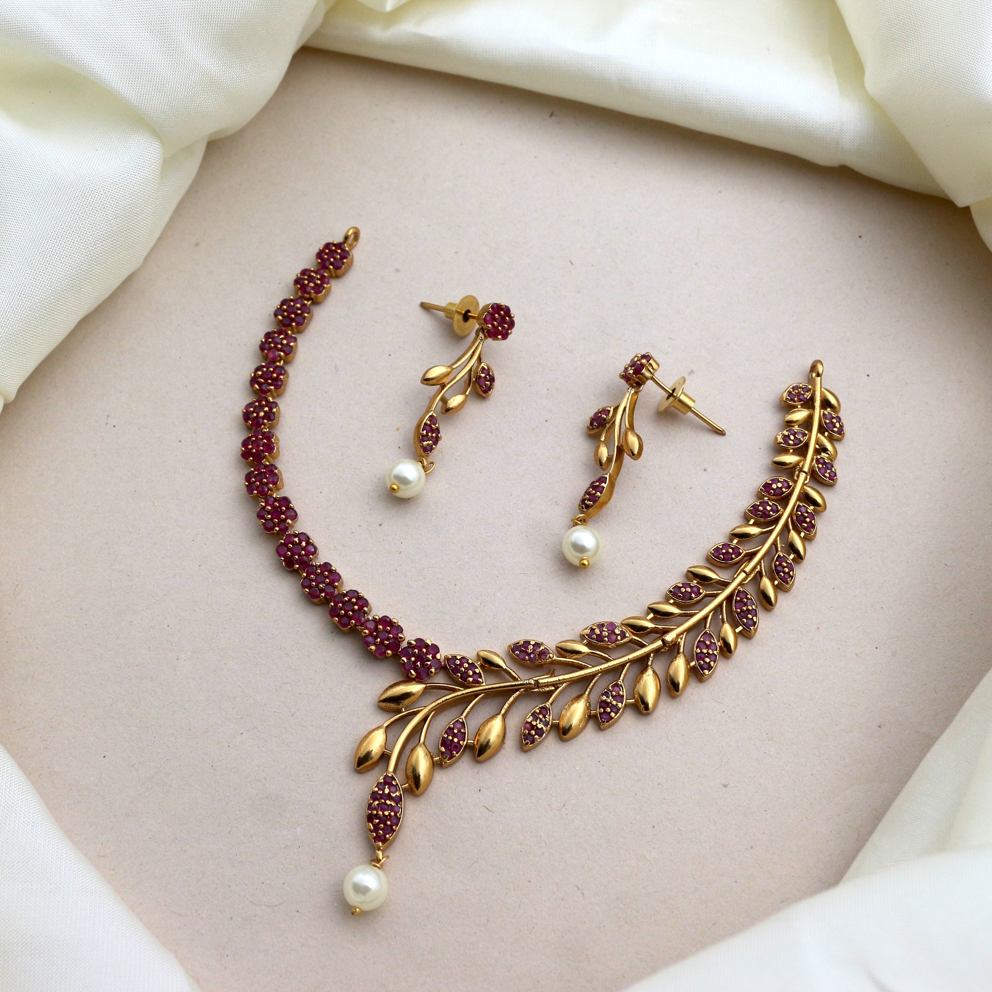 Antique Gold Matte Flower Leaf Vine AD Necklace Set - Ruby