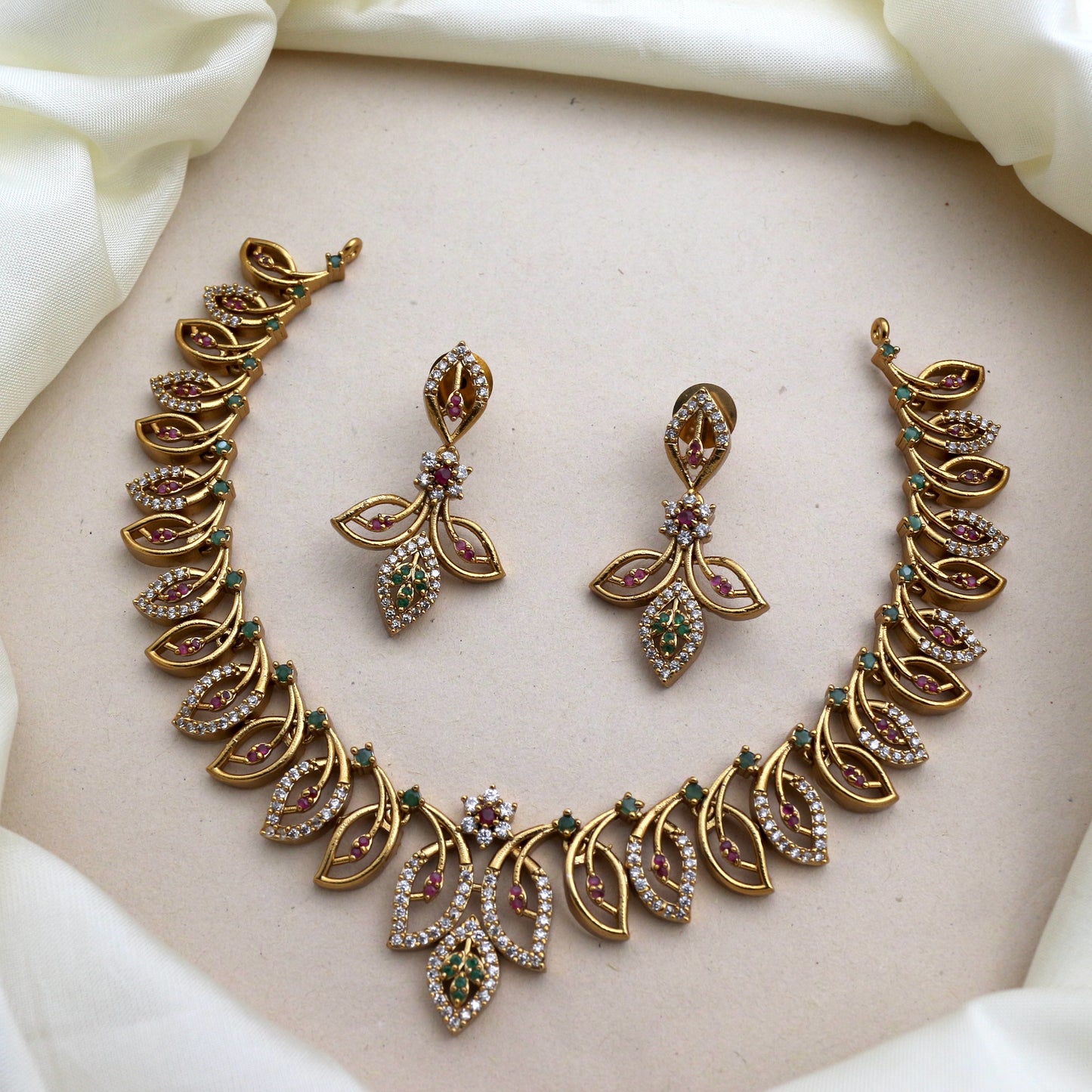 Diamond Look Antique Matte AD Leaf Necklace Set