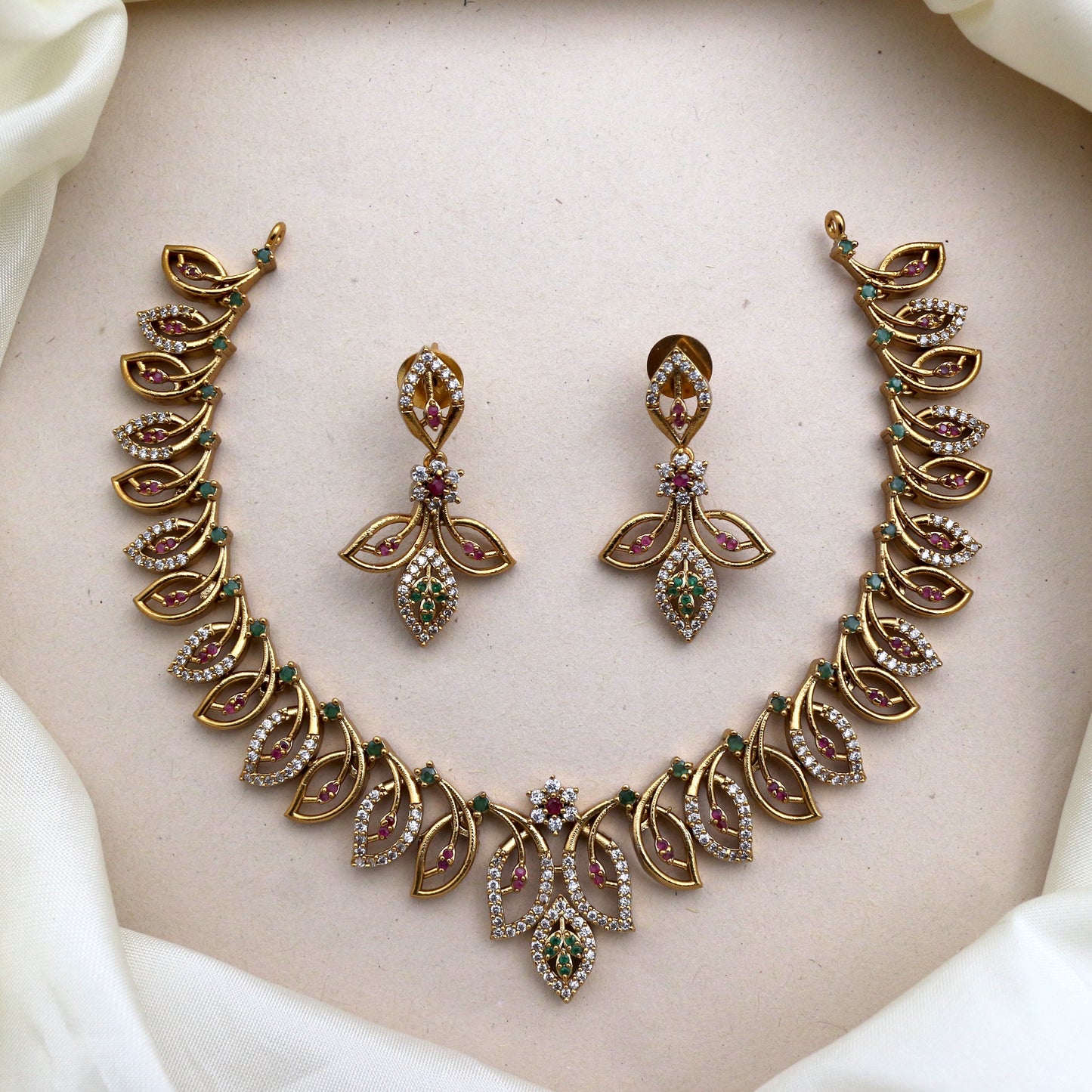 Diamond Look Antique Matte AD Leaf Necklace Set
