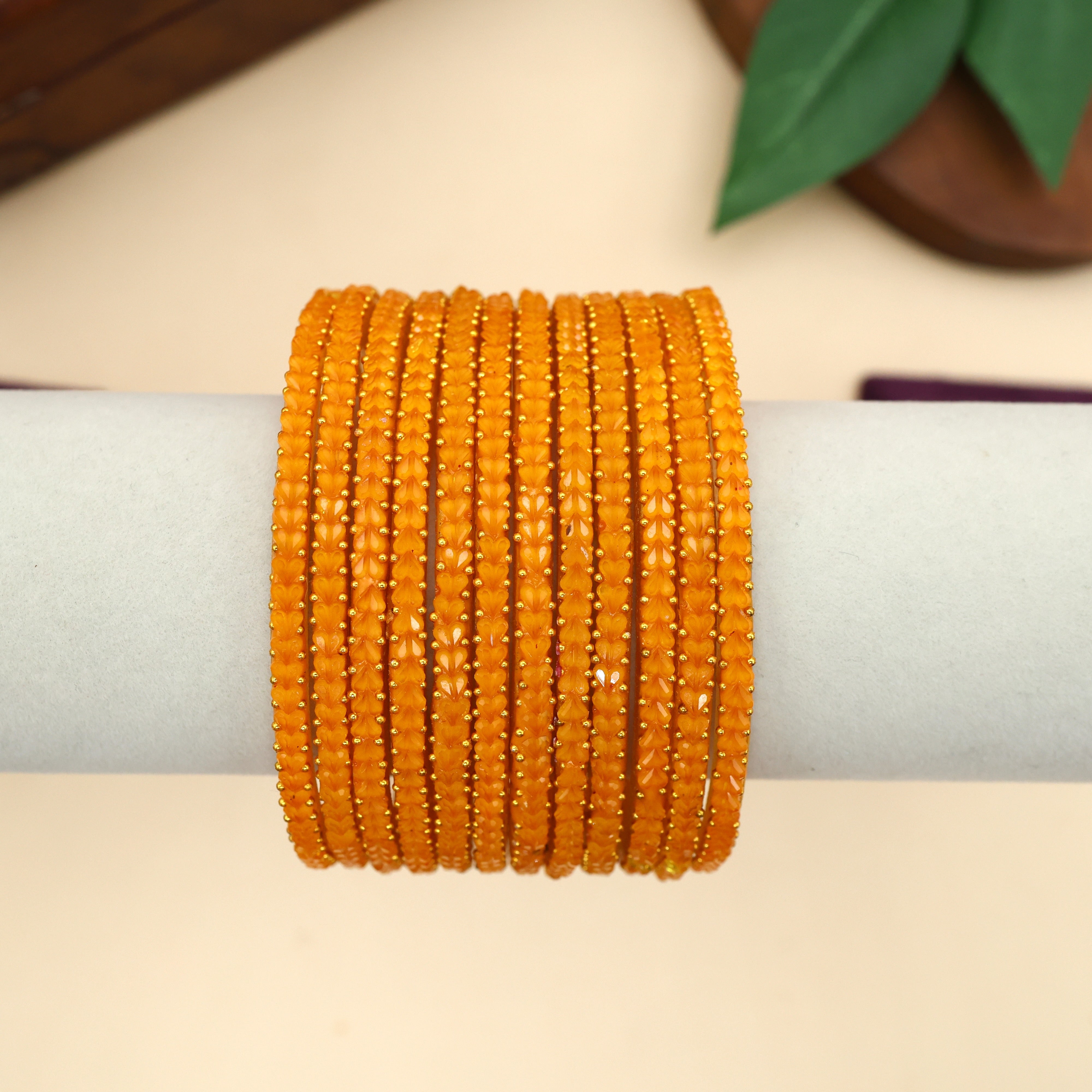 Premium Heart Cut Stone Work Glass Bangles - Fresh Turmeric (One Dozen)