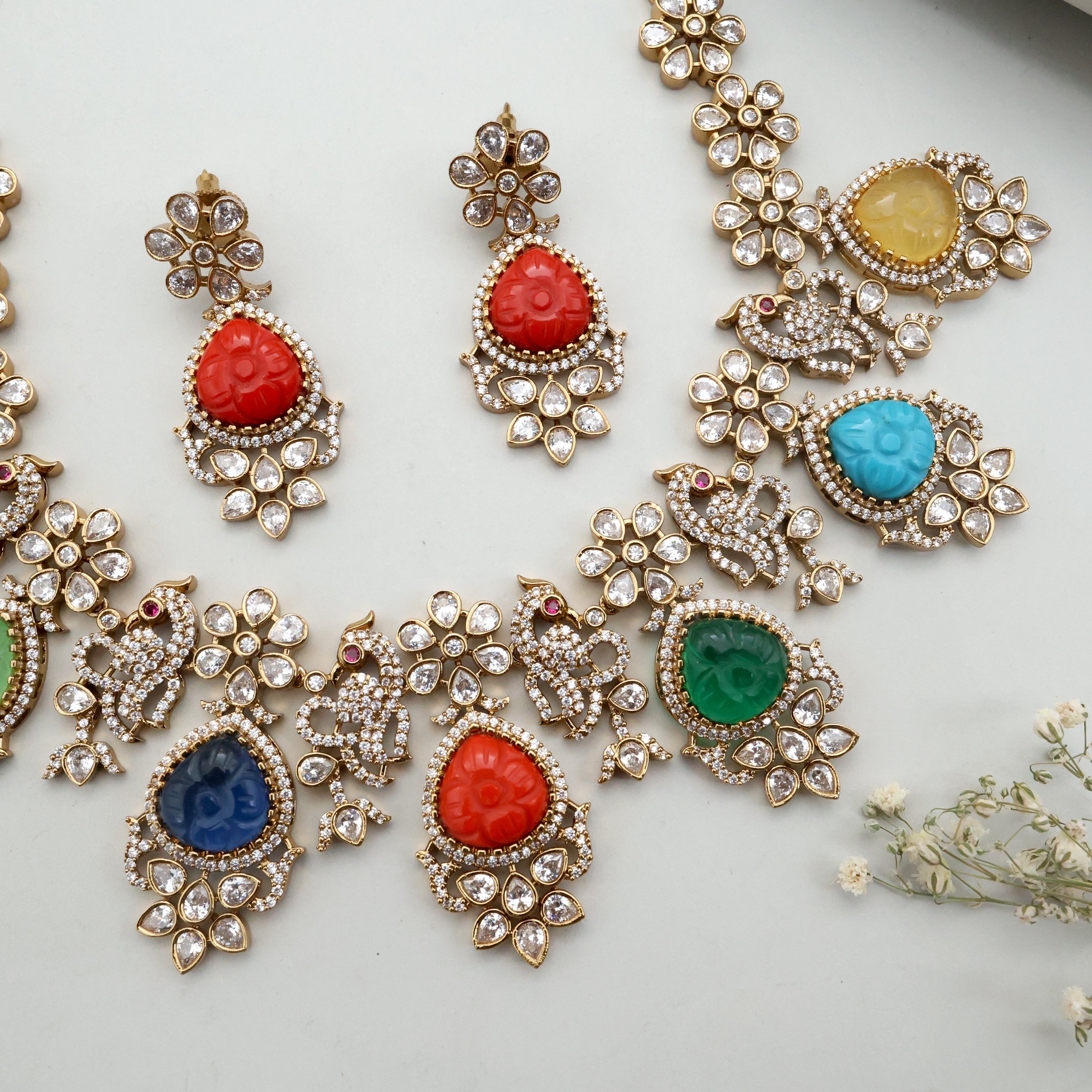 Diamond Look Carved Stone Multicolour Bridal Necklace Set