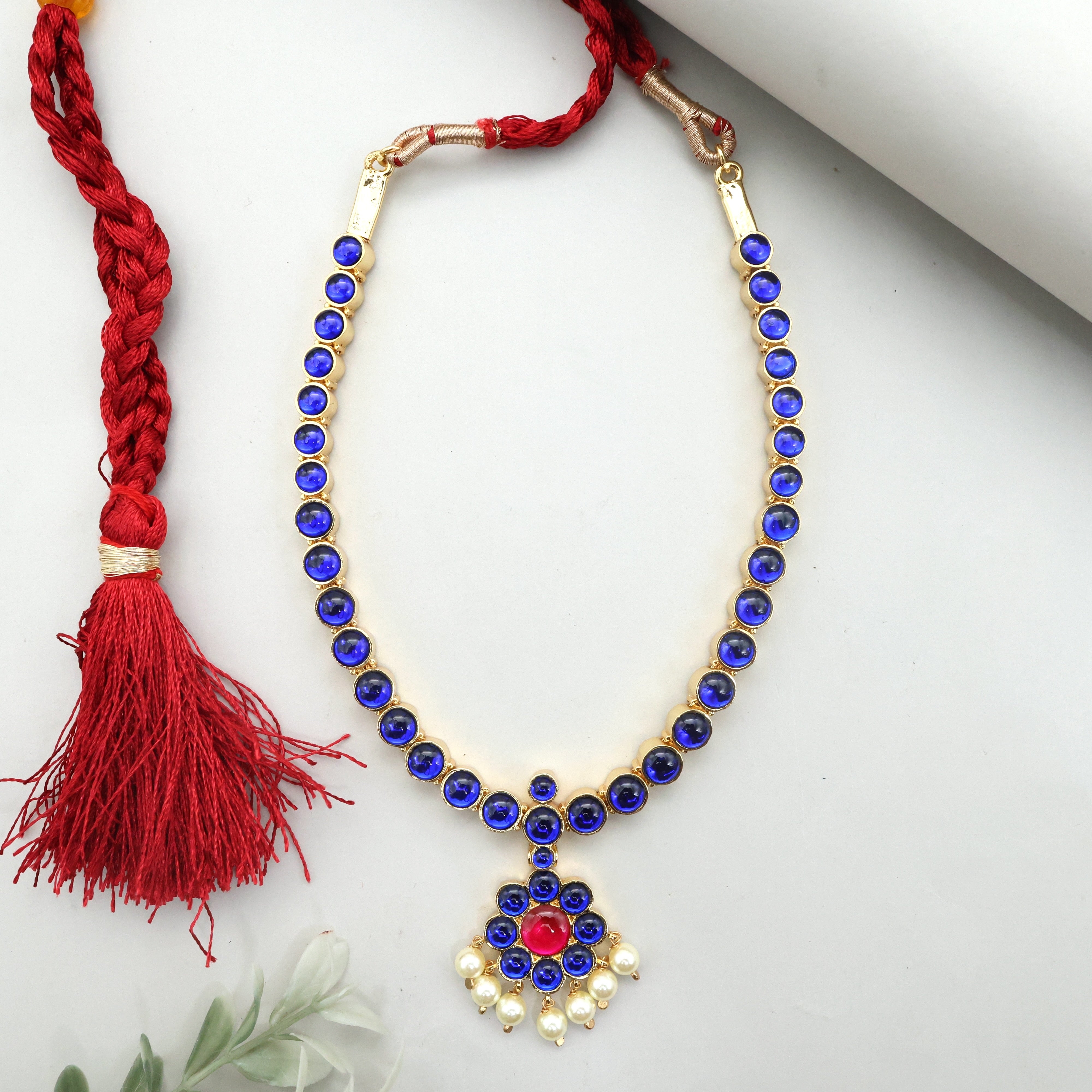 PREMIUM KEMP TRADITIONAL BHARATANATYAM BRIDAL ATTIGAI NECKLACE - BLUE