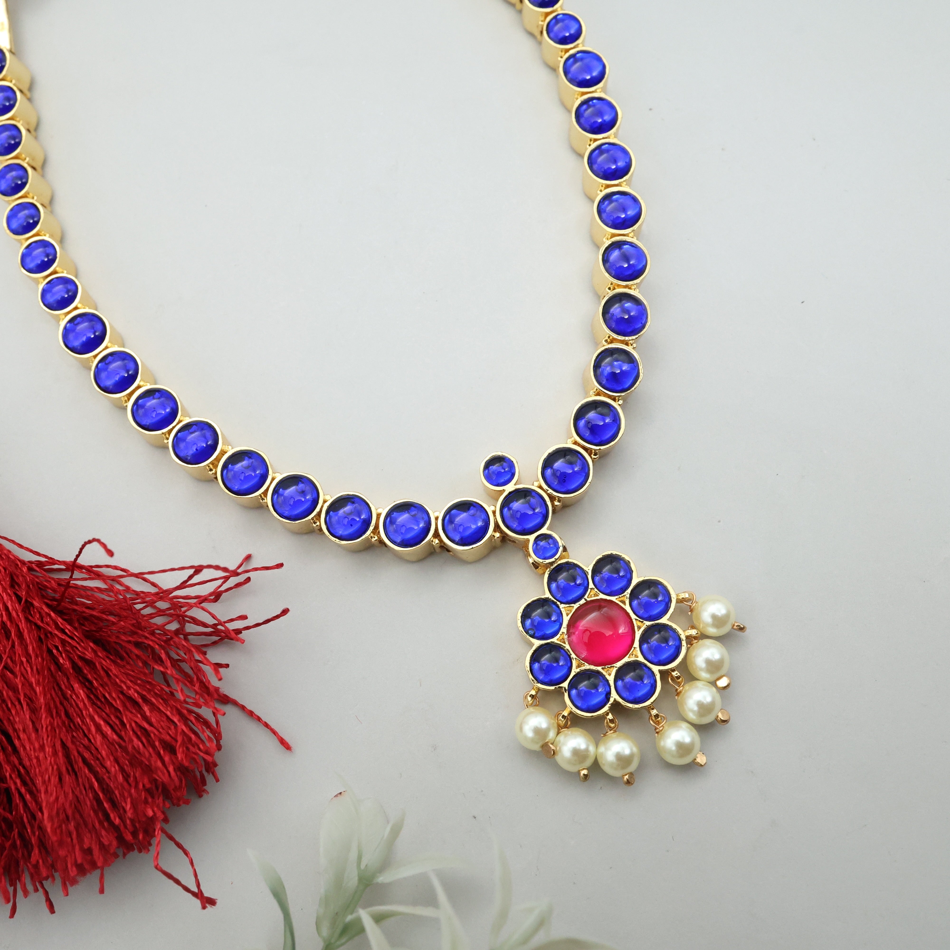 PREMIUM KEMP TRADITIONAL BHARATANATYAM BRIDAL ATTIGAI NECKLACE - BLUE