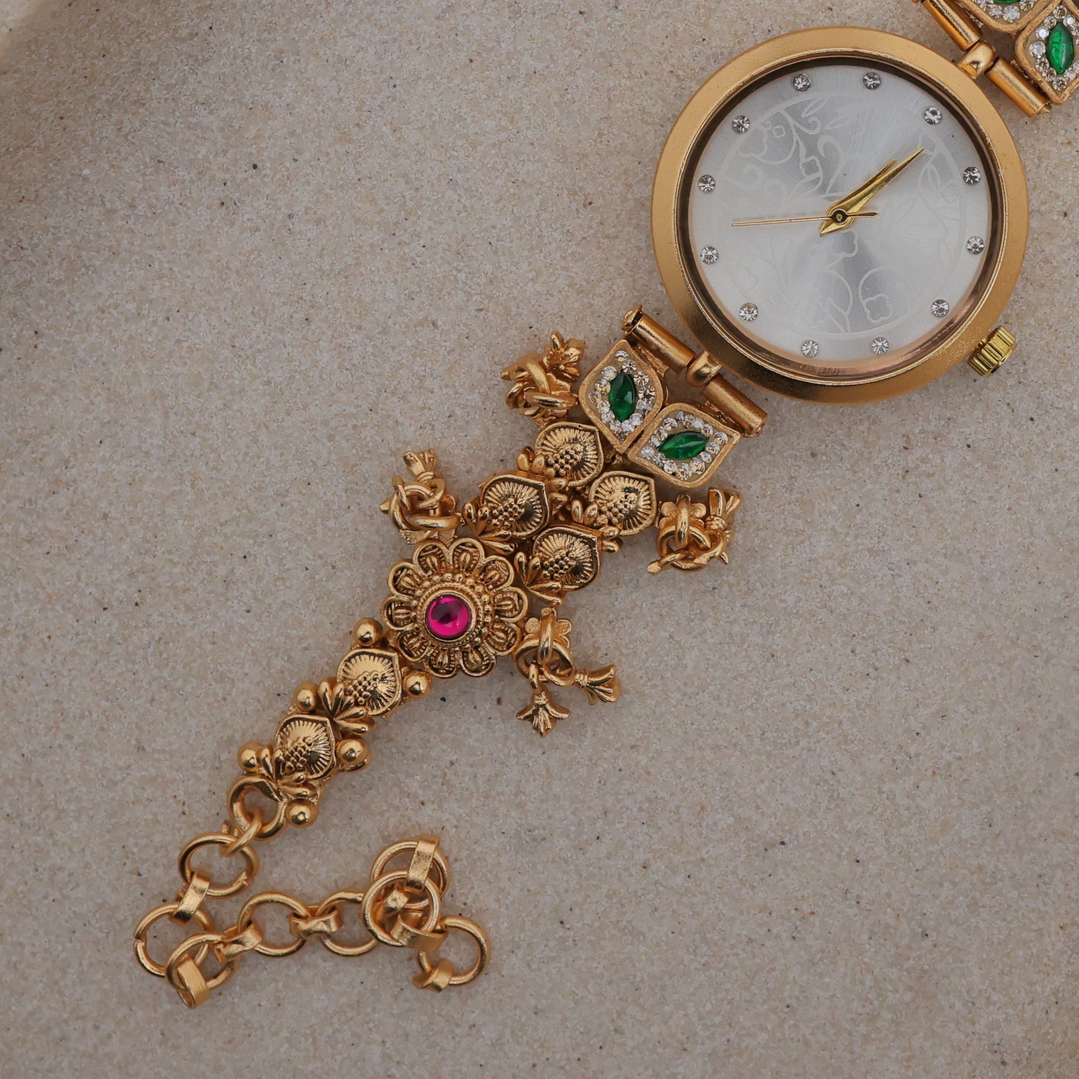 Gold Tone Rich Heritage Double Leaf Kemp Kundan Bracelet Watch