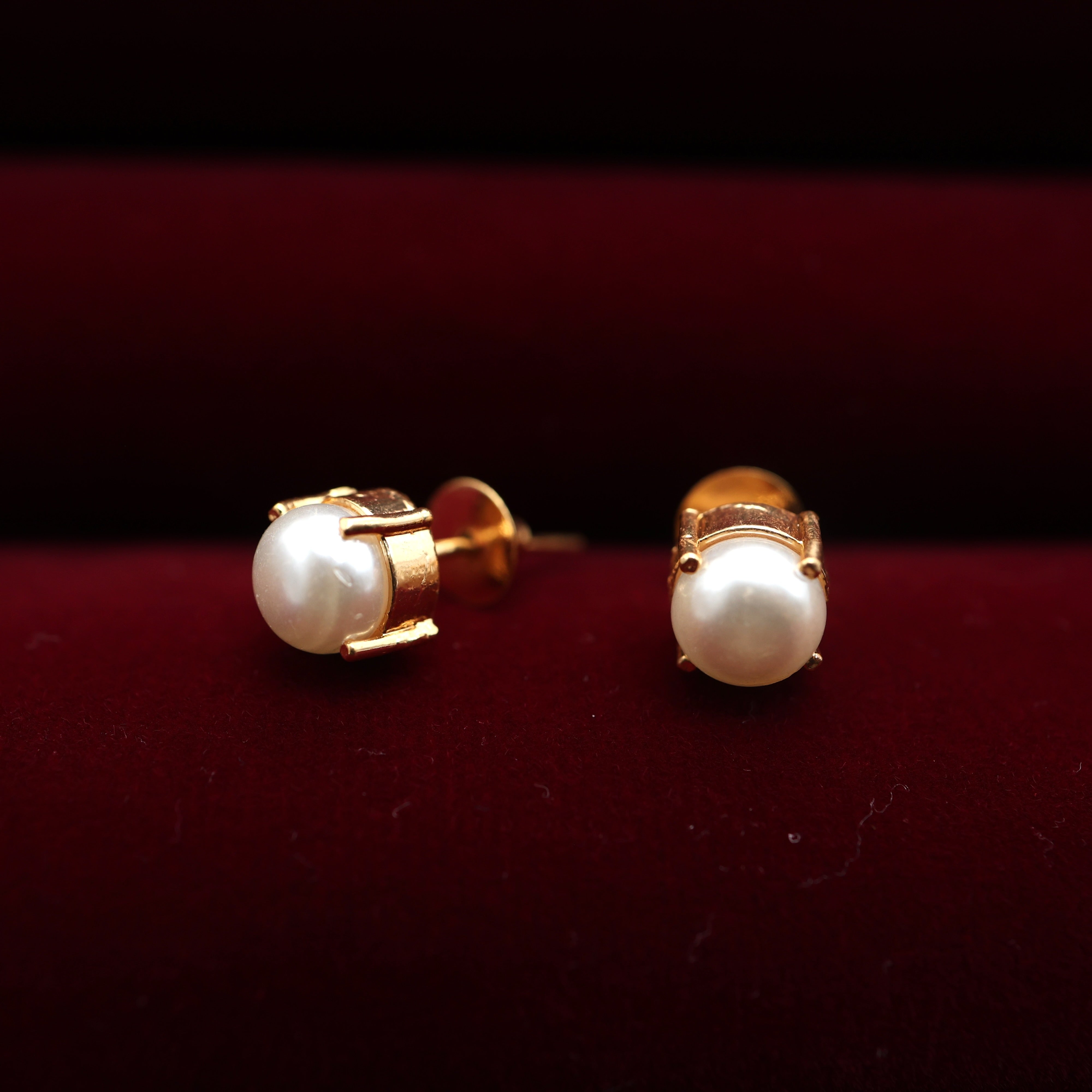 Real Gold Tone Single Stone Studs - Pearl