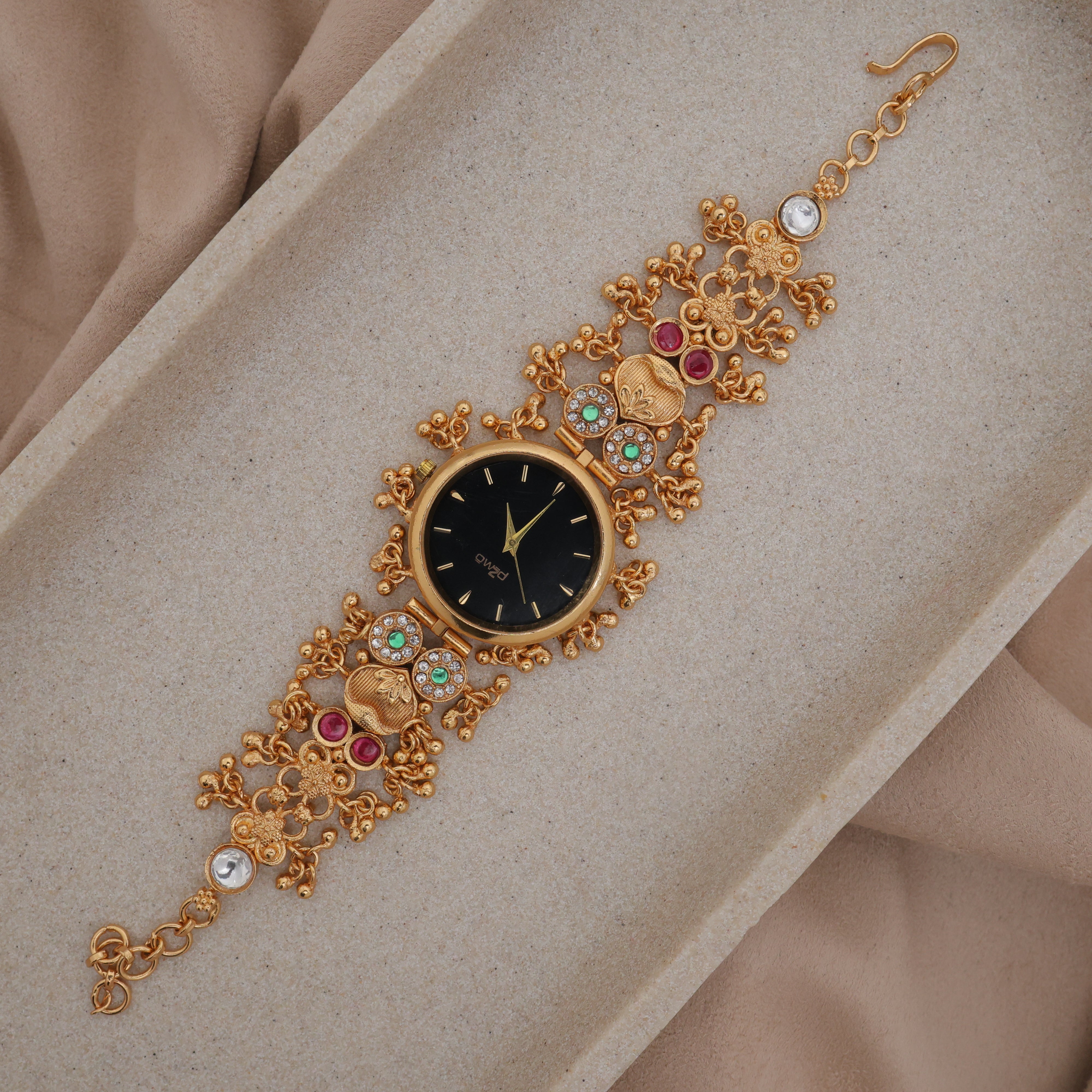 Gold Tone Rich Heritage Flower Detailing Black Dial Kashmiri Bracelet Watch