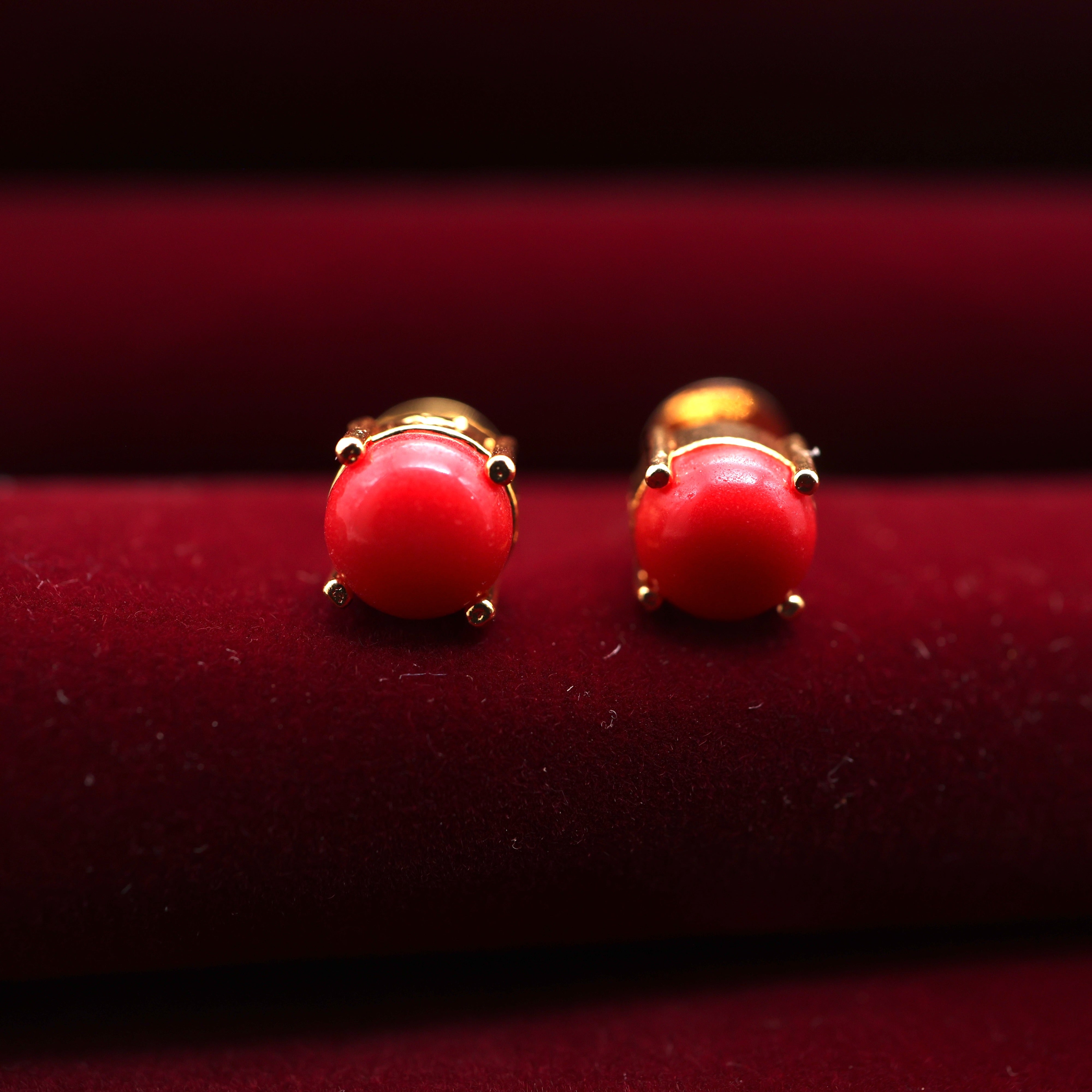 Real Gold Tone Single Stone Studs - Coral