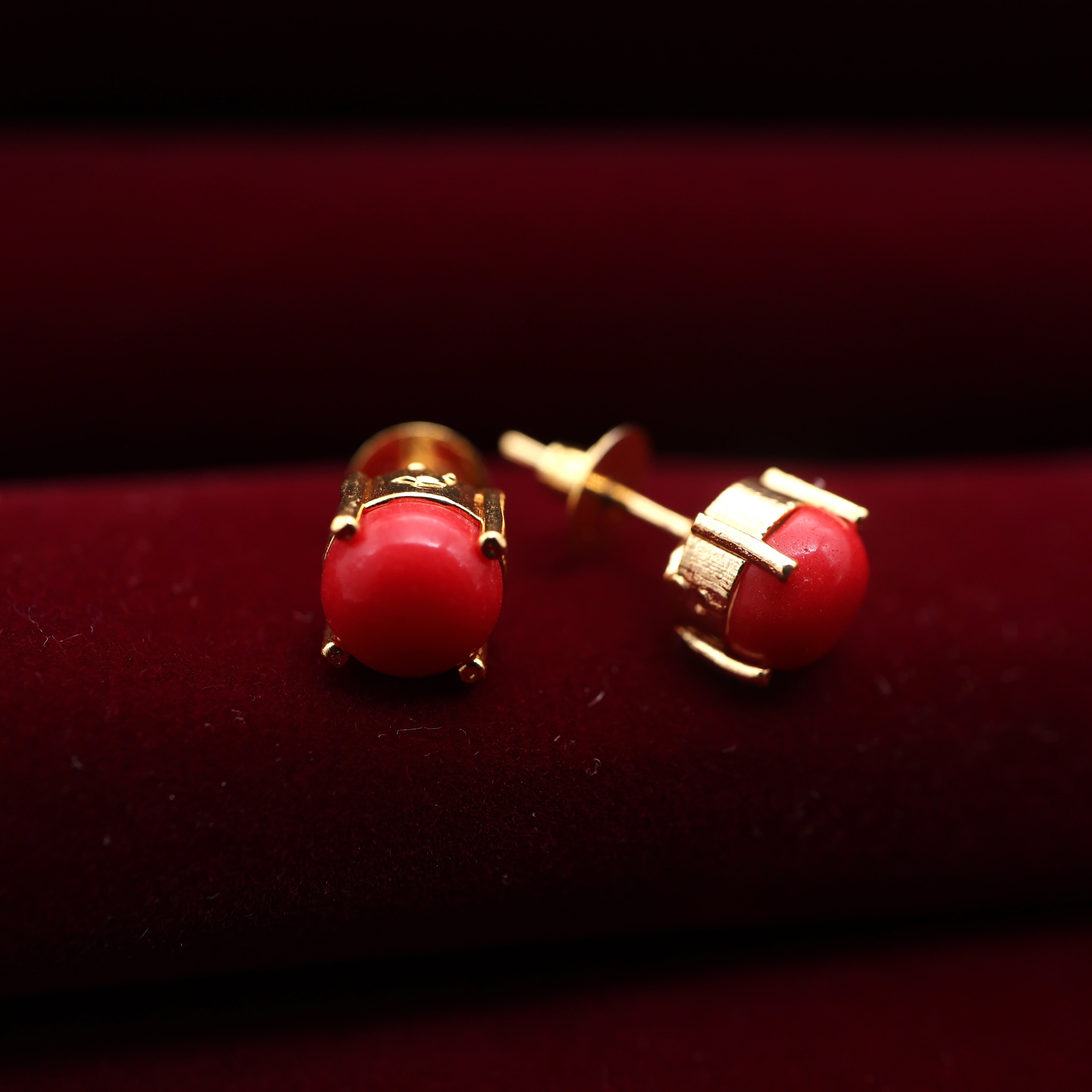 Real Gold Tone Single Stone Studs - Coral