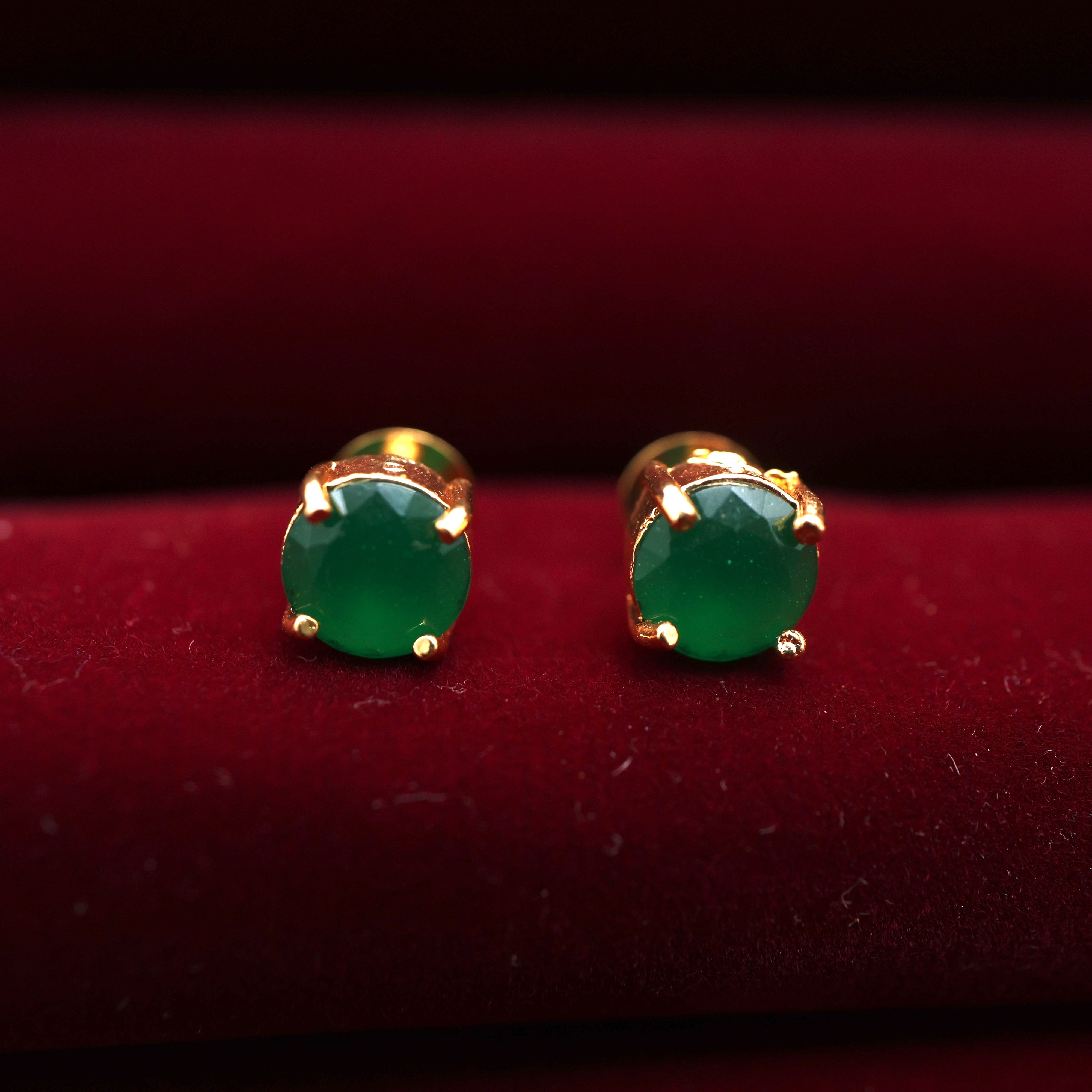 Real Gold Tone Single Stone Studs - Emerald