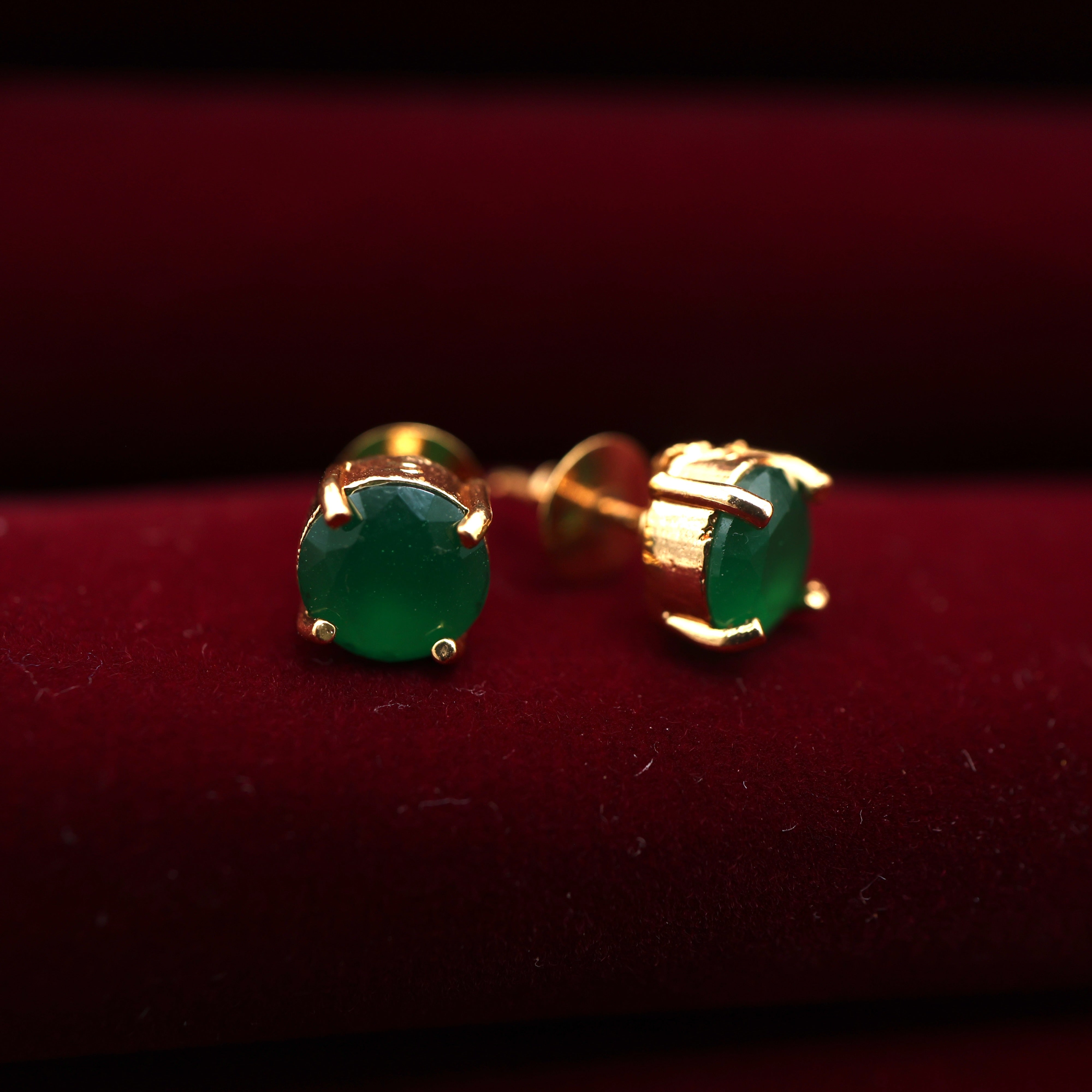 Real Gold Tone Single Stone Studs - Emerald