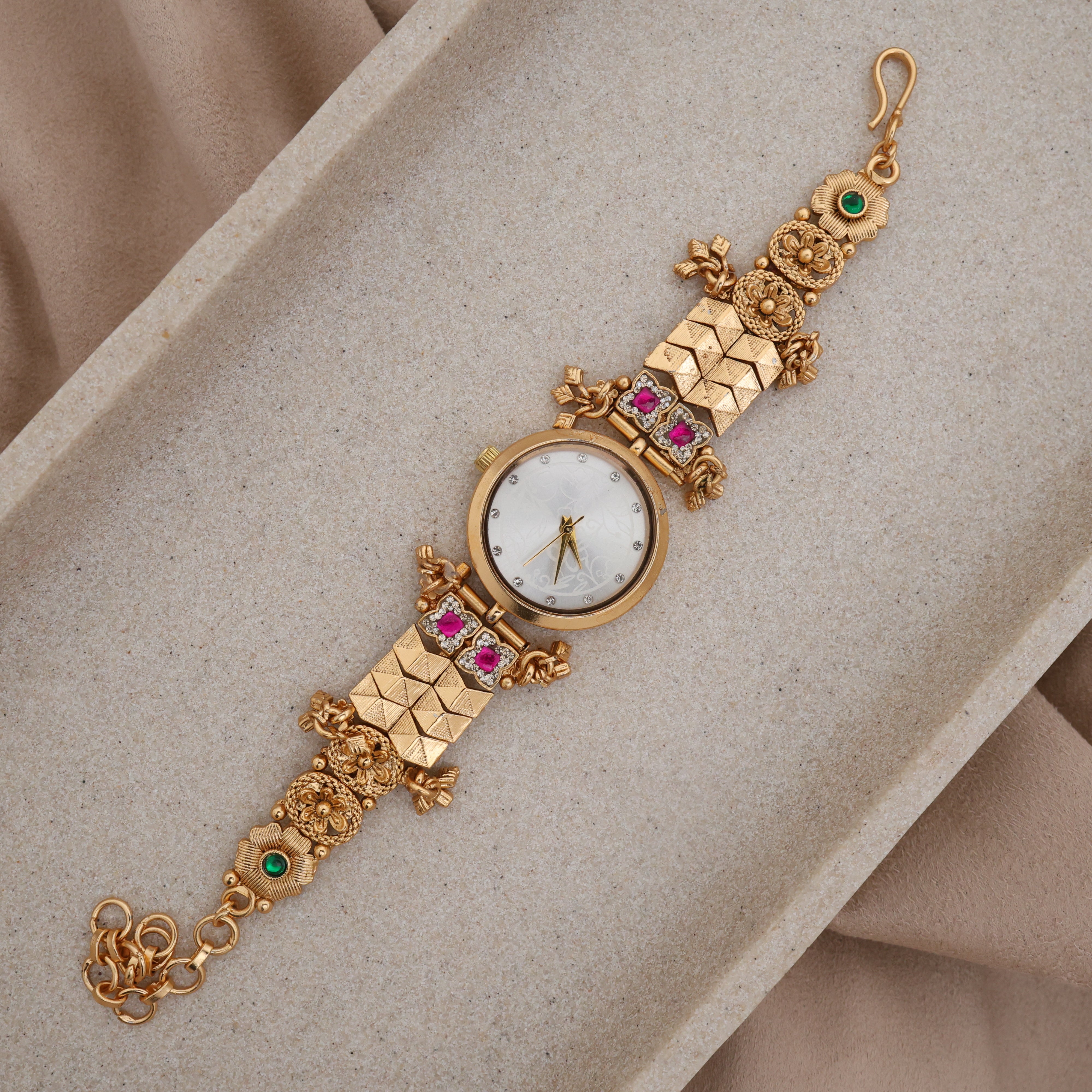 Gold Tone Rich Heritage Flower Detailing Kashmiri Bracelet Watch