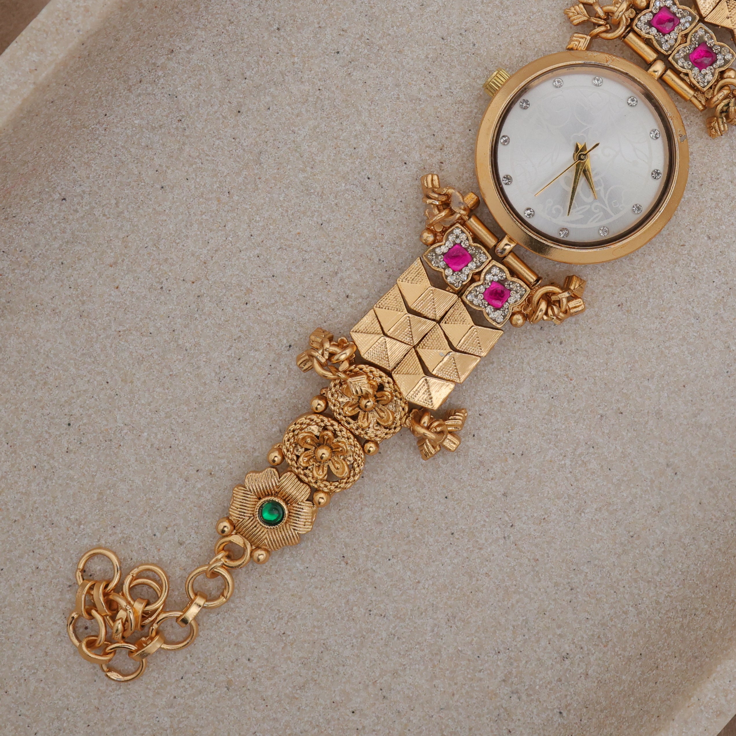 Gold Tone Rich Heritage Flower Detailing Kashmiri Bracelet Watch