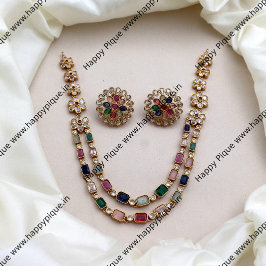 Two Layer AD Navarathna Necklace Set