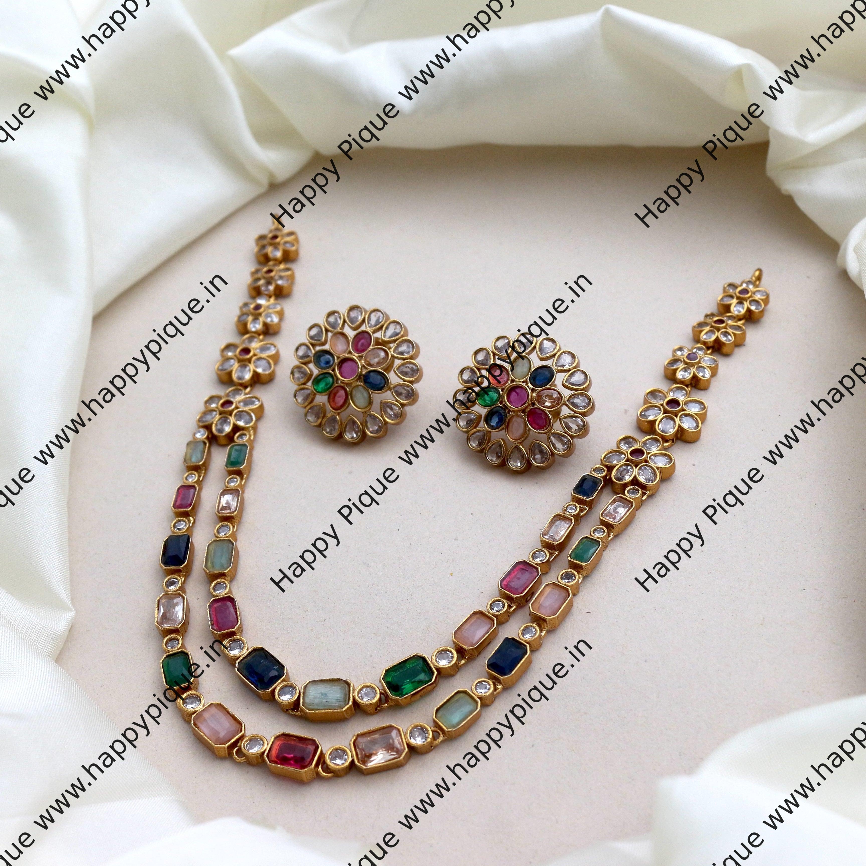 Two Layer AD Navarathna Necklace Set