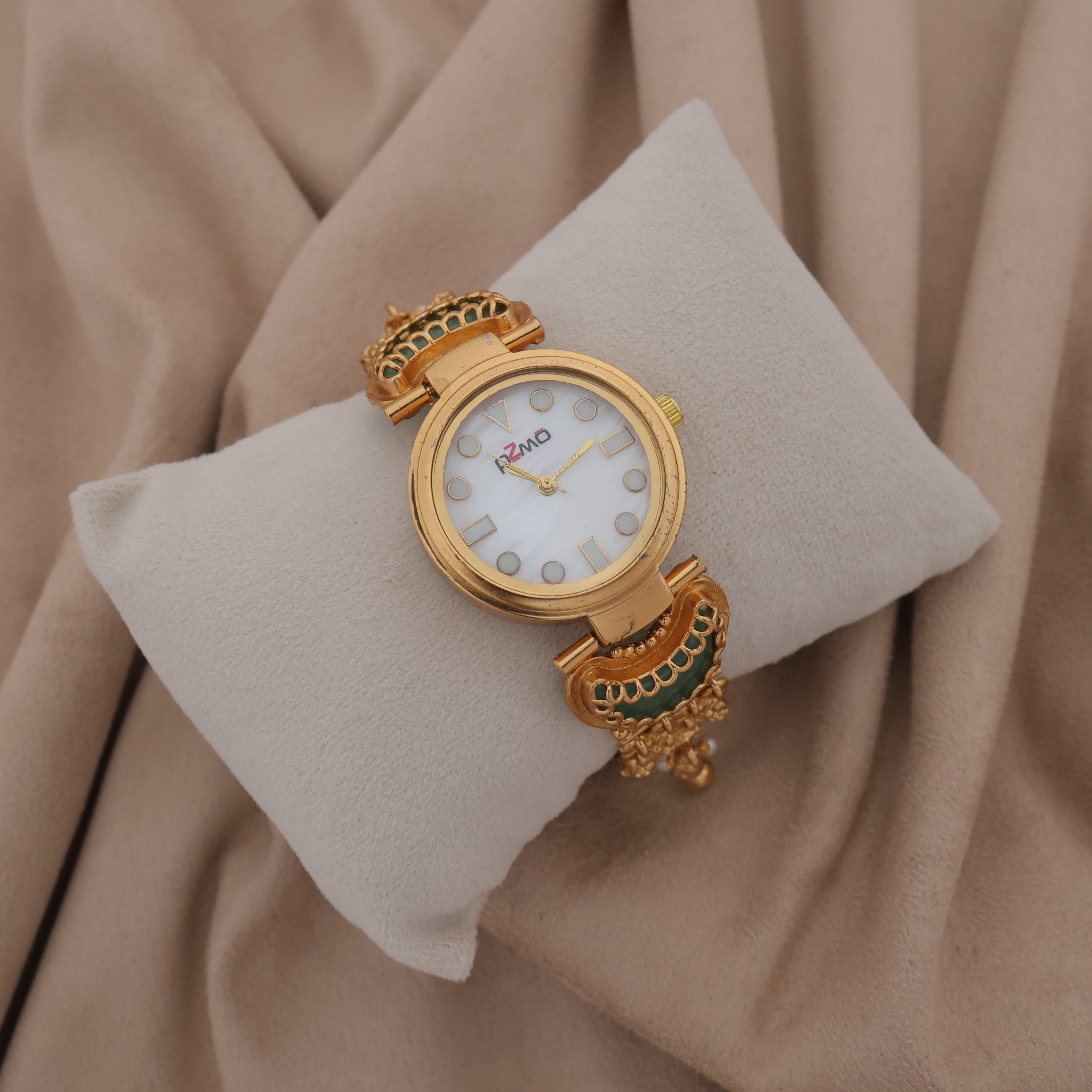 Gold Tone Rich Heritage Green Crescent Kashmiri Bracelet Watch