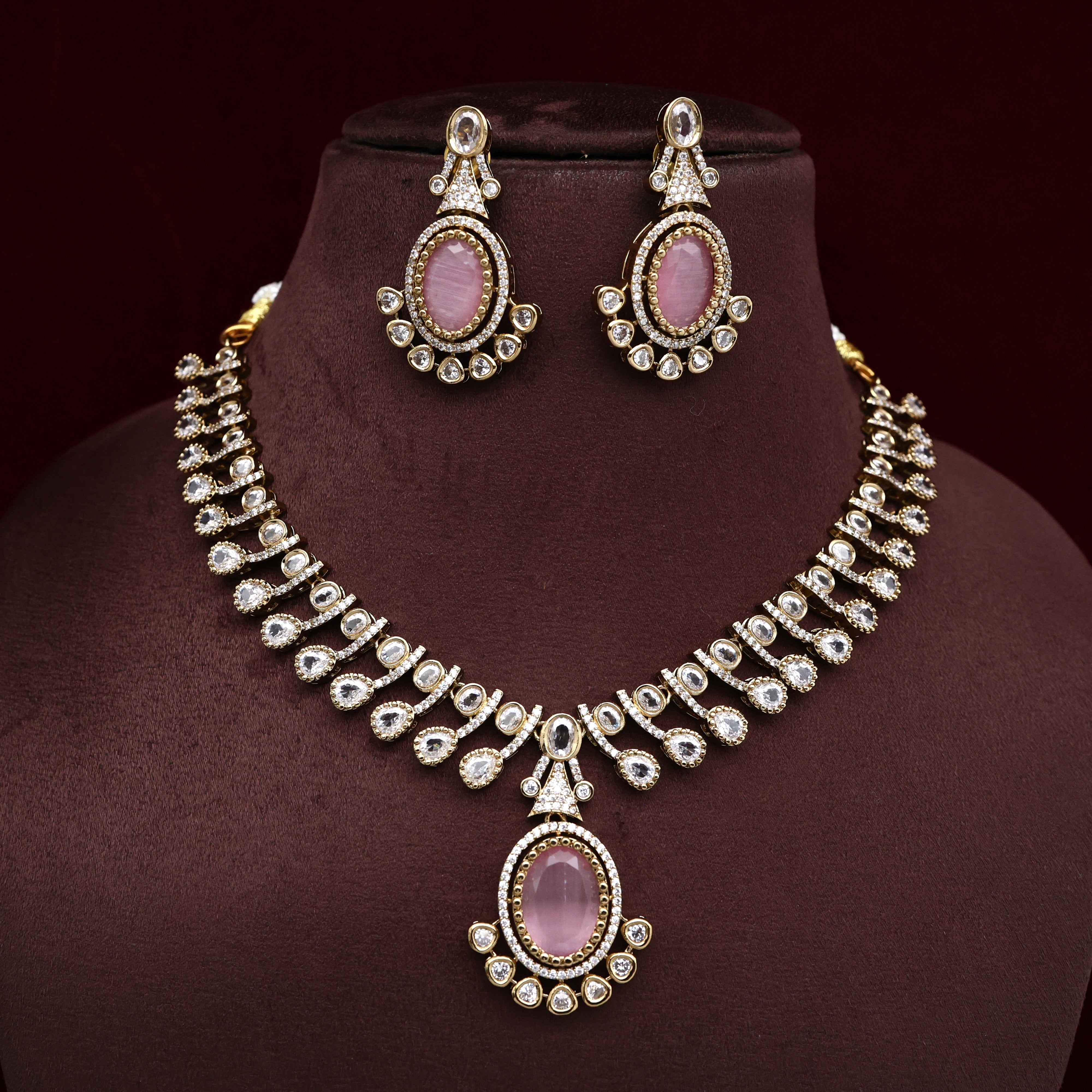 AD Victorian Flower Bud Bridal Necklace Set - Pink