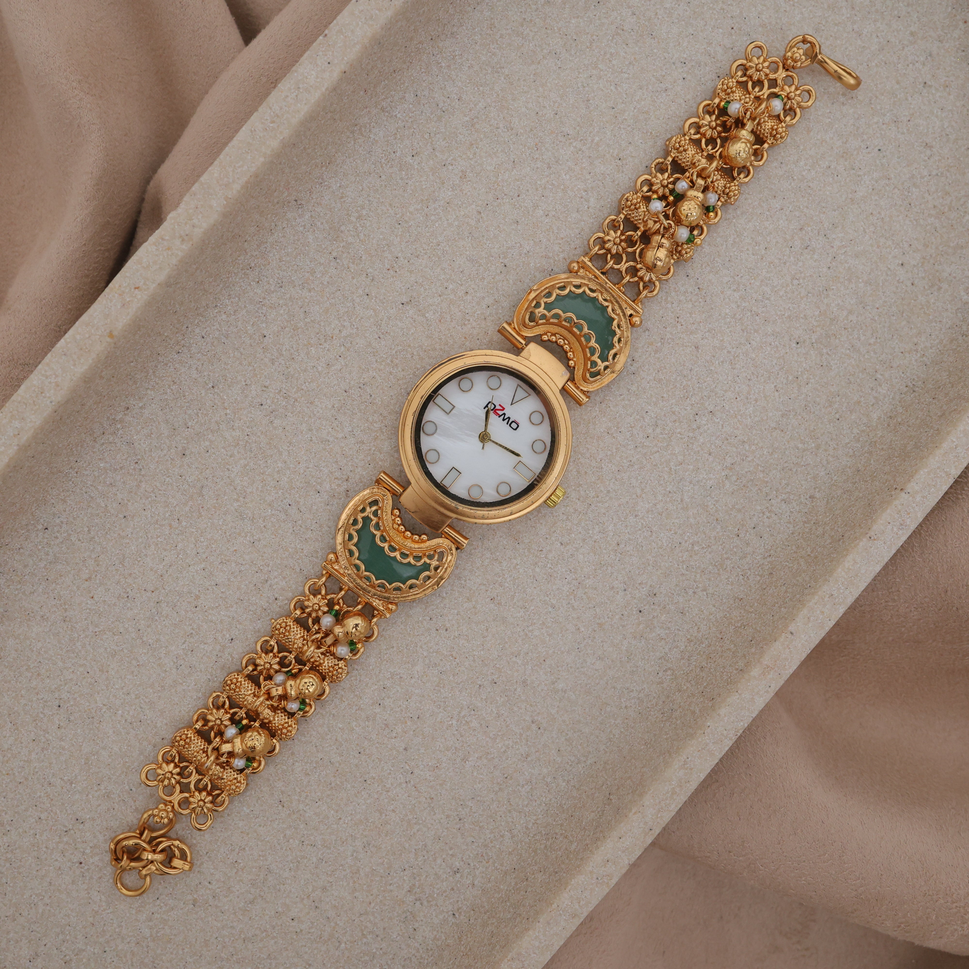 Gold Tone Rich Heritage Green Crescent Kashmiri Bracelet Watch
