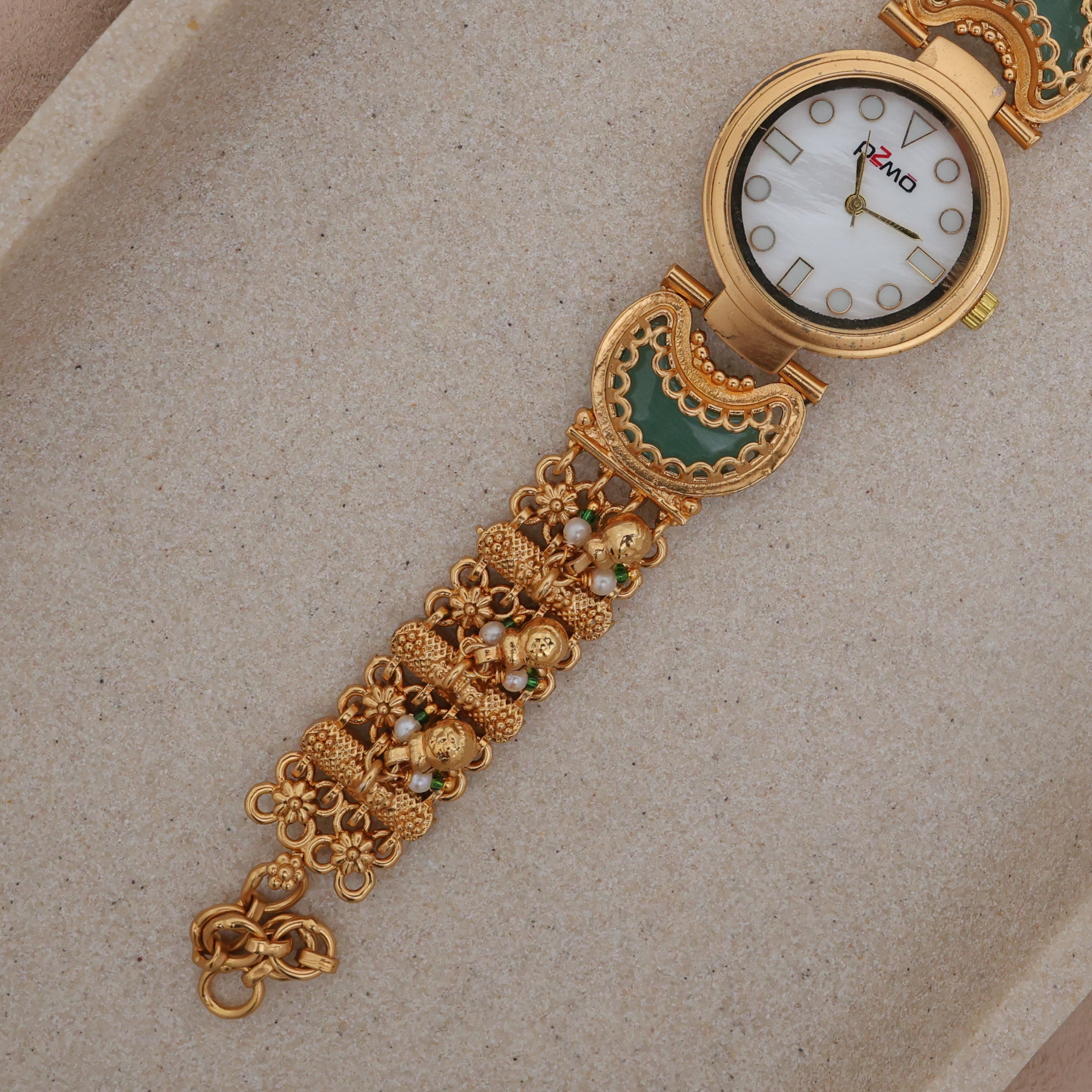 Gold Tone Rich Heritage Green Crescent Kashmiri Bracelet Watch