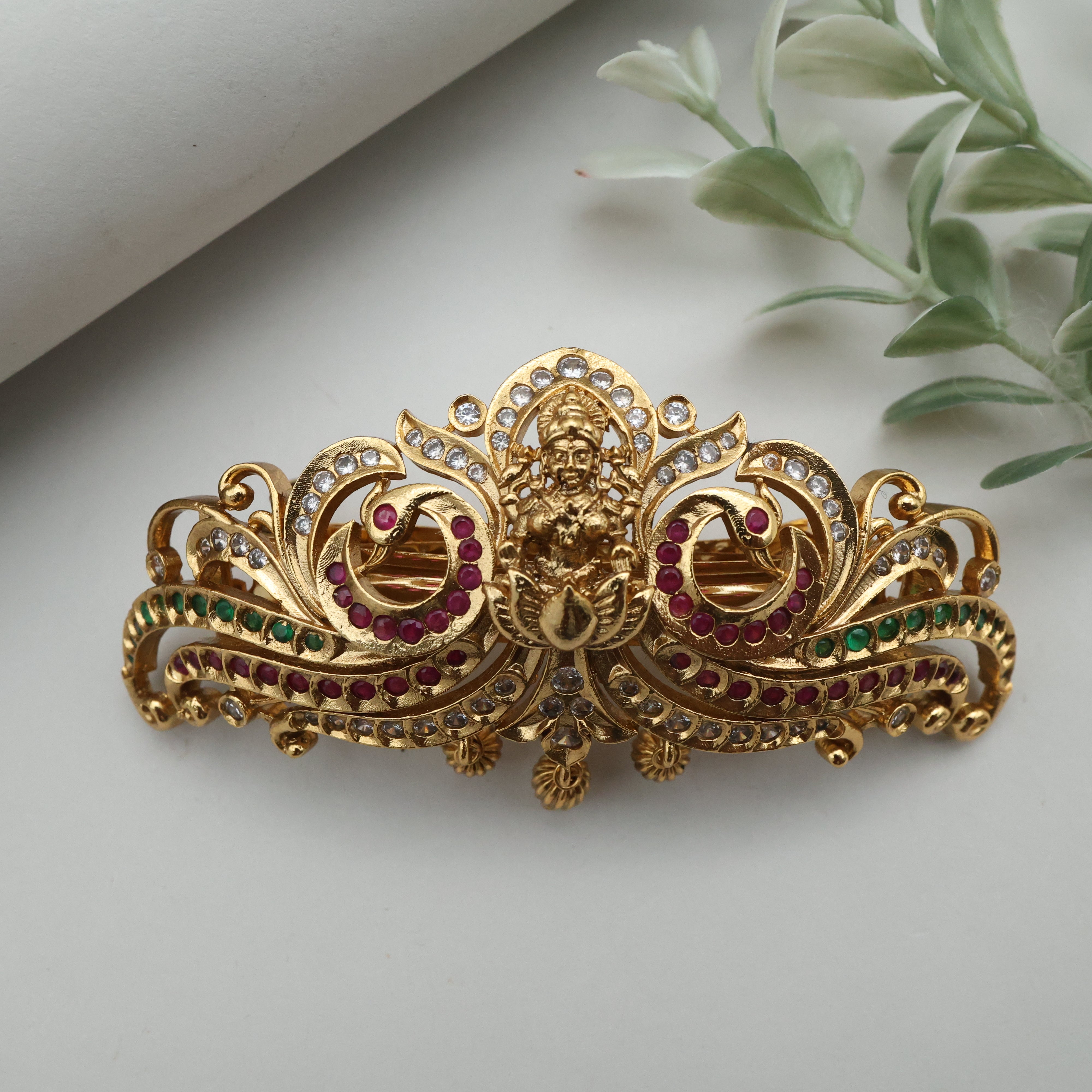 Antique Gold Nagas AD Lakshmi Bridal Hair Clip - French Barrette Hair Clip For Women