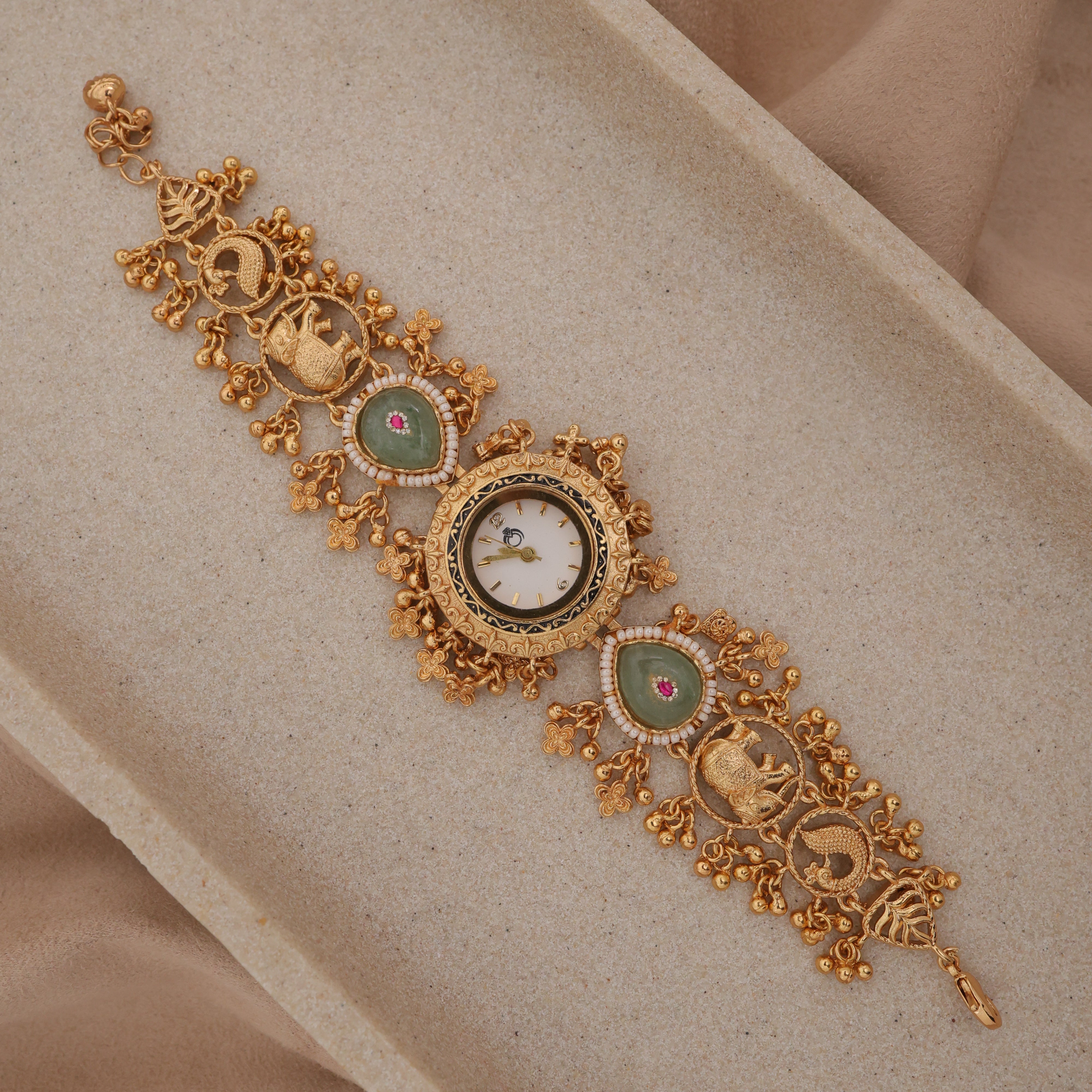 Gold Tone Rich Heritage Elephant Peacock Detailing Kemp Kundan Bracelet Watch