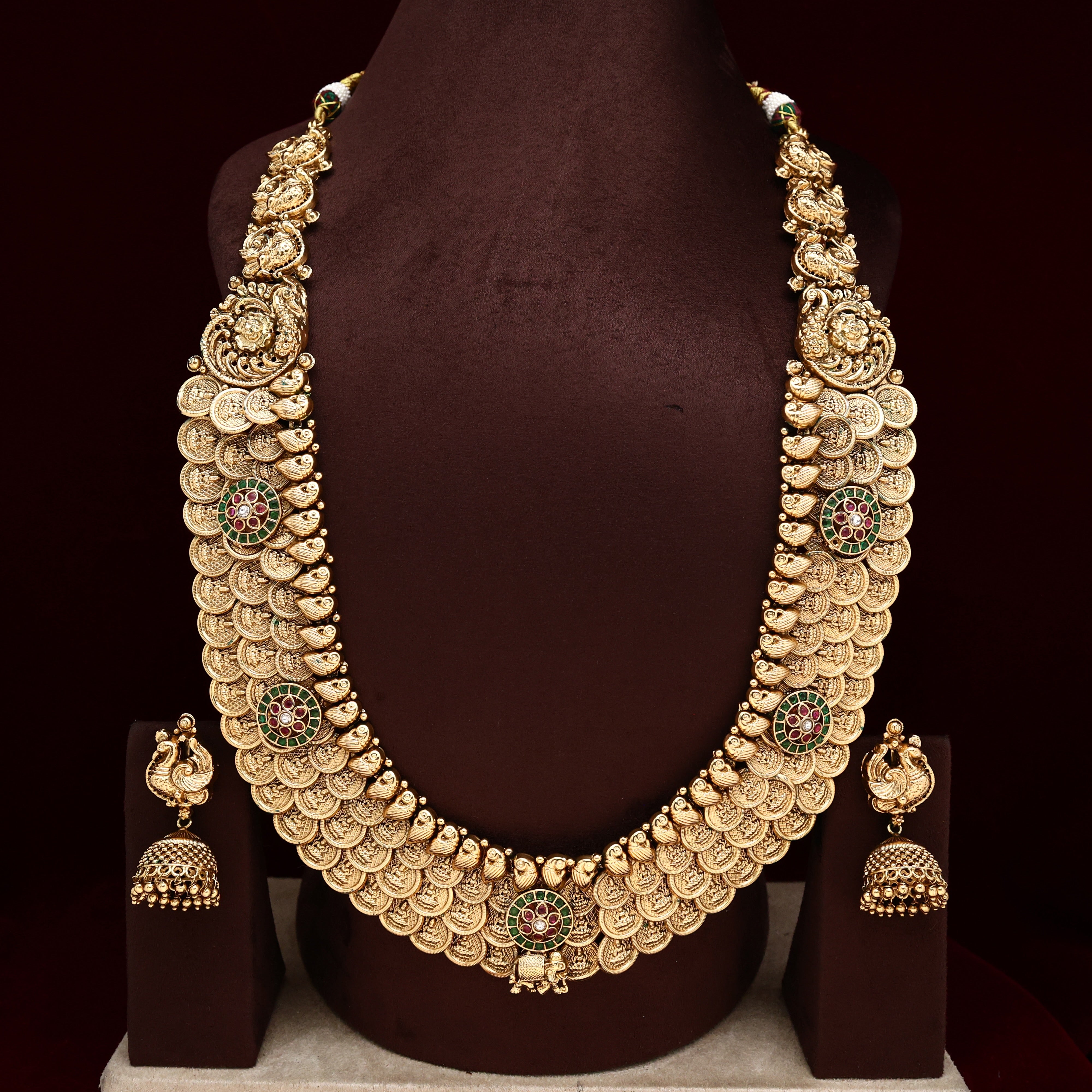 REAL GOLD DESIGN 3 LINE LAKSHMI COIN HEAVY BRIDAL HAARAM