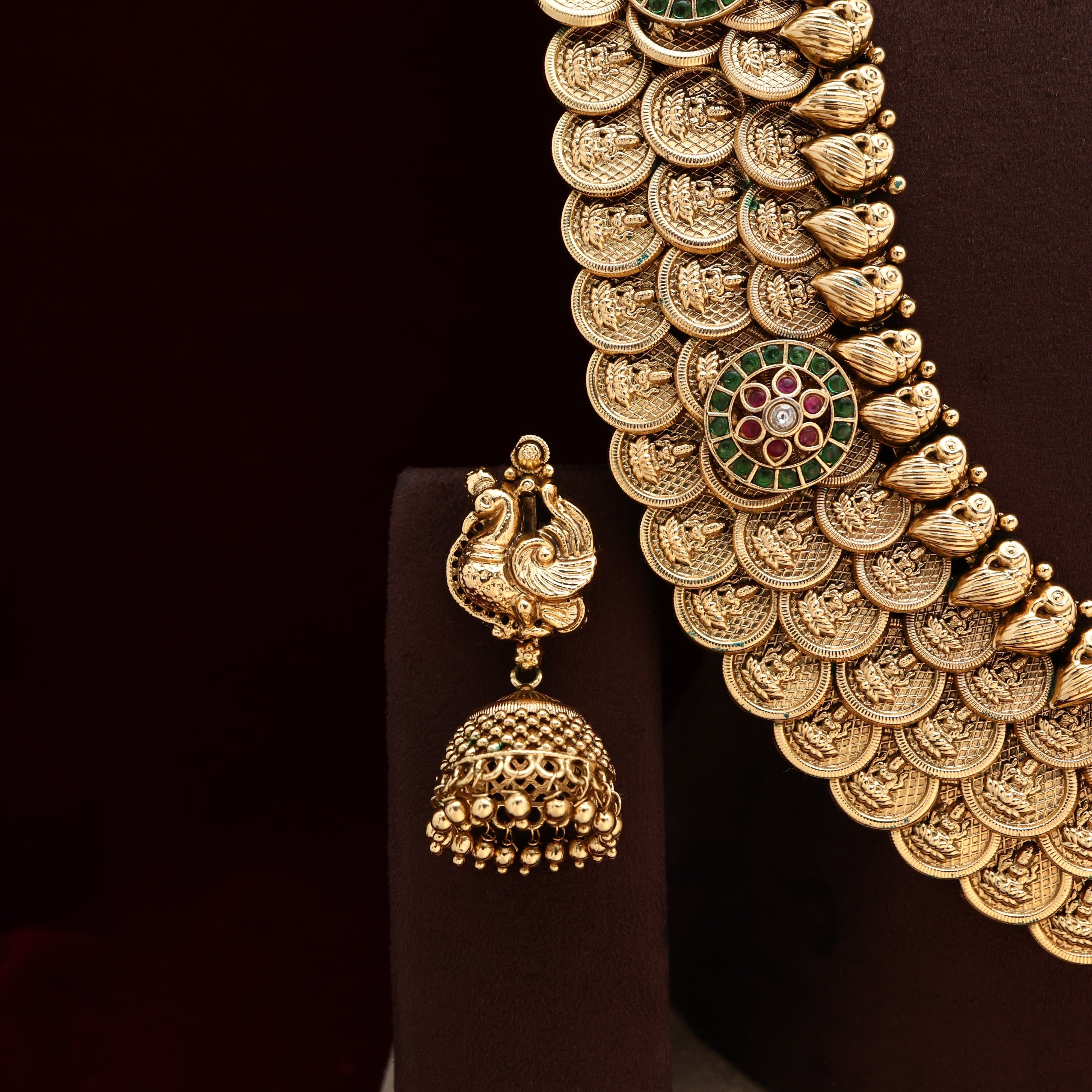 REAL GOLD DESIGN 3 LINE LAKSHMI COIN HEAVY BRIDAL HAARAM