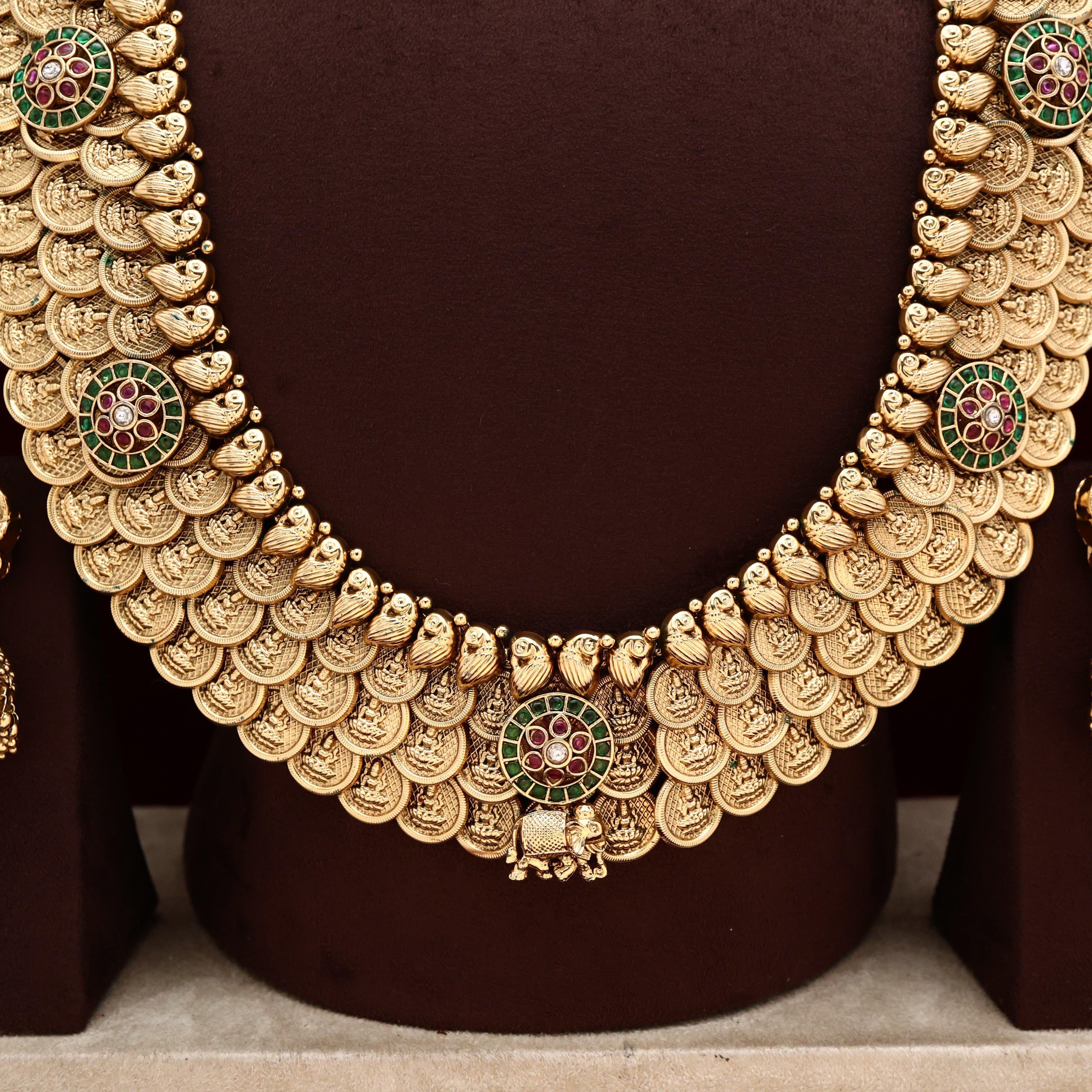 REAL GOLD DESIGN 3 LINE LAKSHMI COIN HEAVY BRIDAL HAARAM