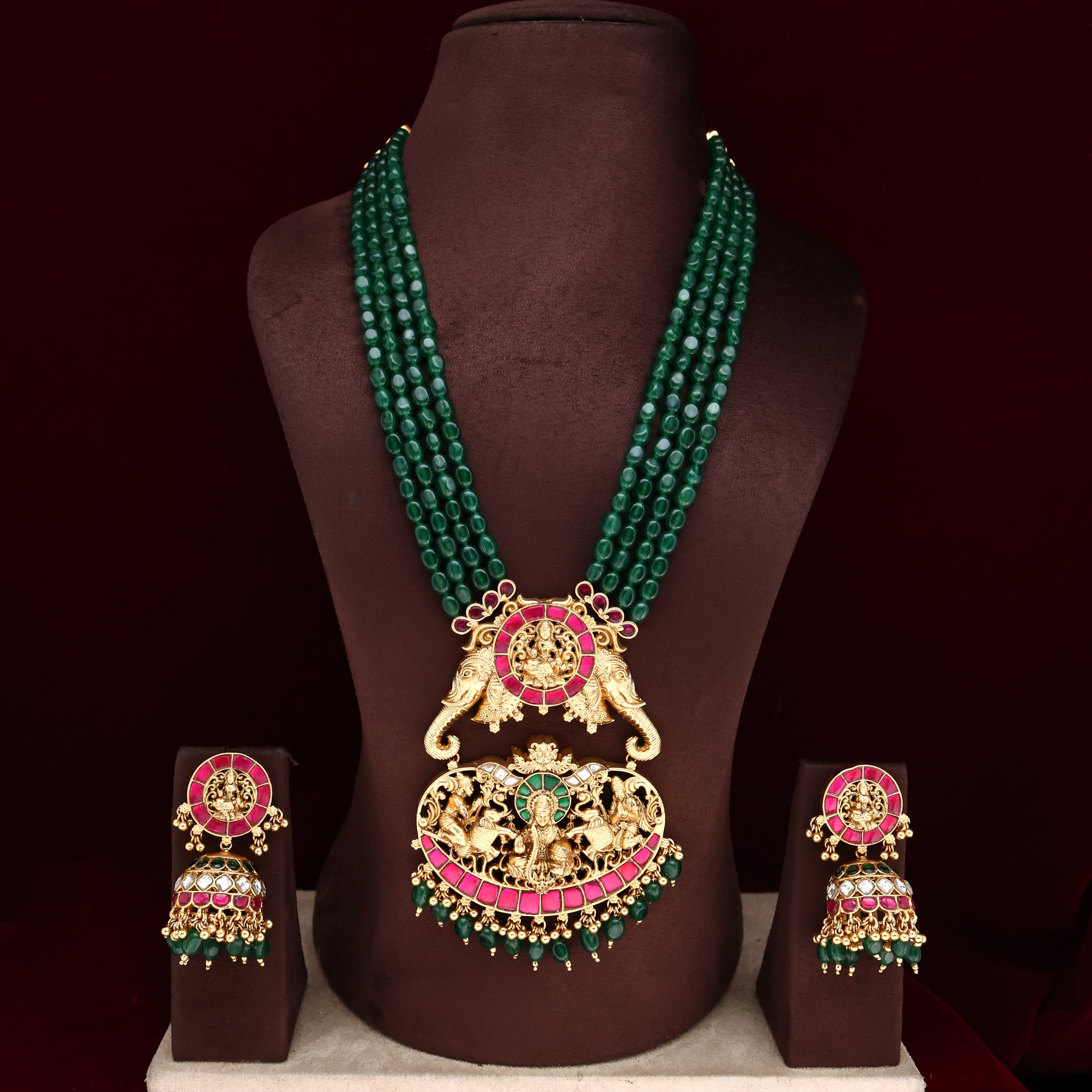 ANTIQUE NAGAS JADAU KUNDAN GAJALAKSHMI 4 LINE BEADS BRIDAL HAARAM