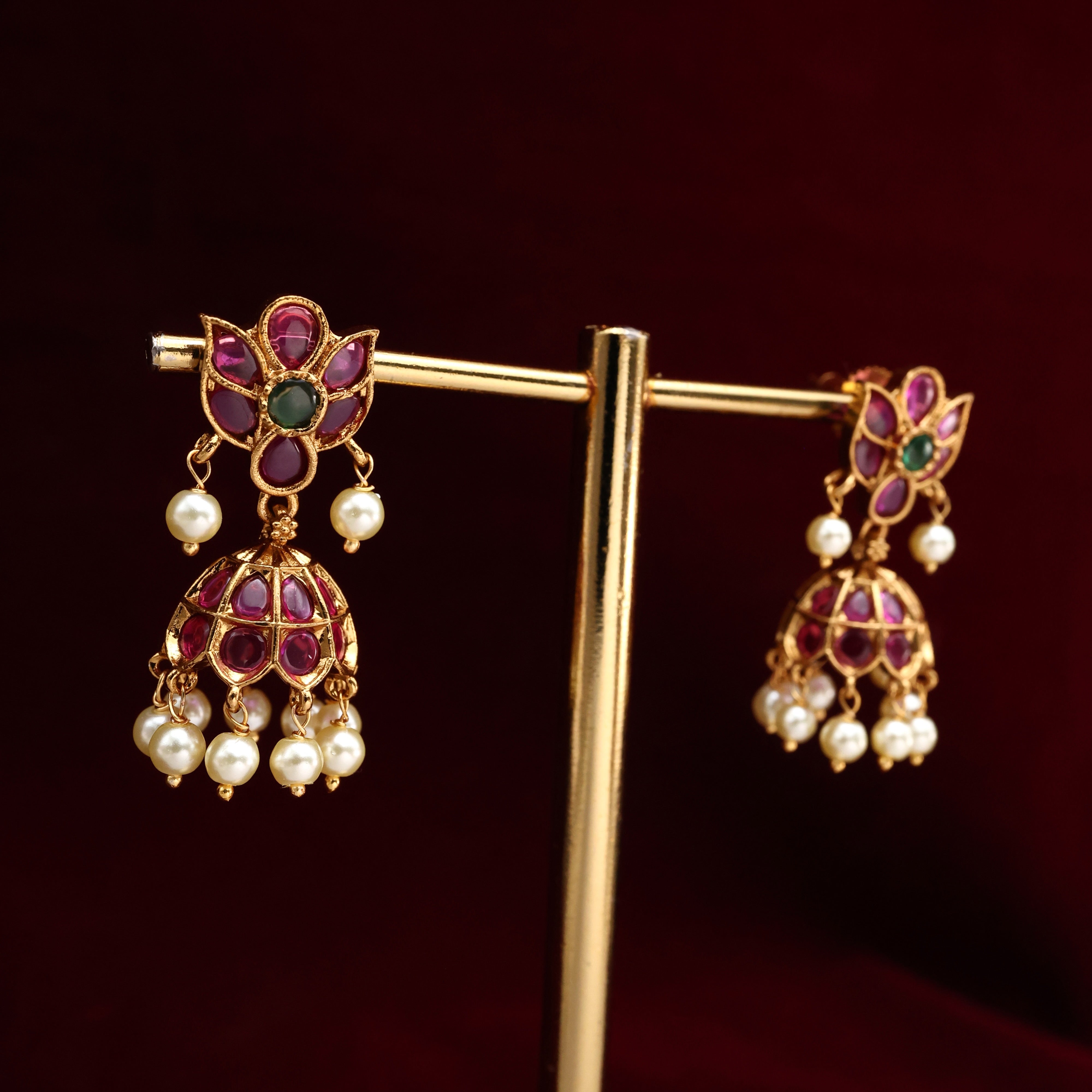 Cute Flower Kemp Jhumkas - Ruby